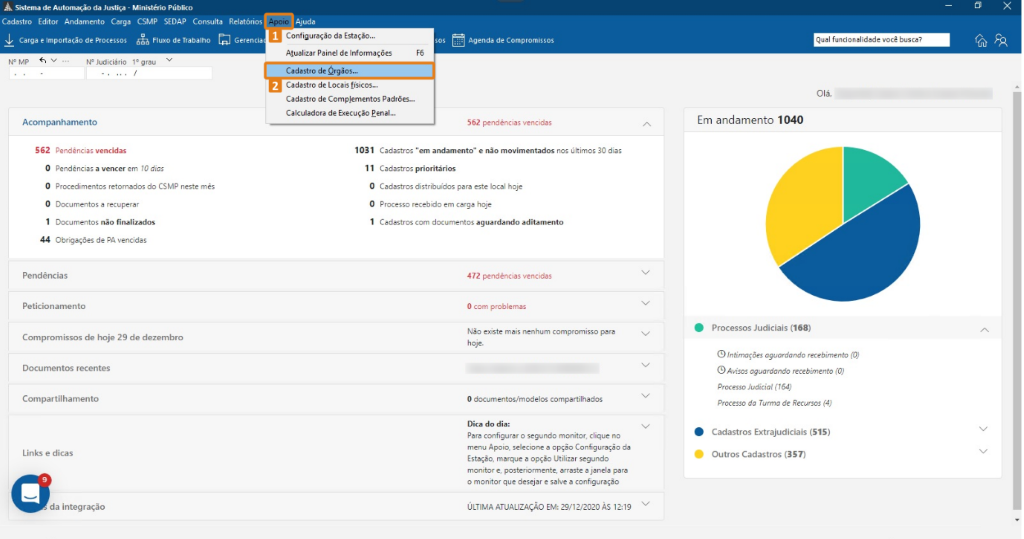Tela inicial do Sistema de Automação da Justiça com o menu Apoio aberto. Em destaque em laranja, a opção Apoio no topo e a opção Cadastro de Órgãos dentro do menu suspenso.