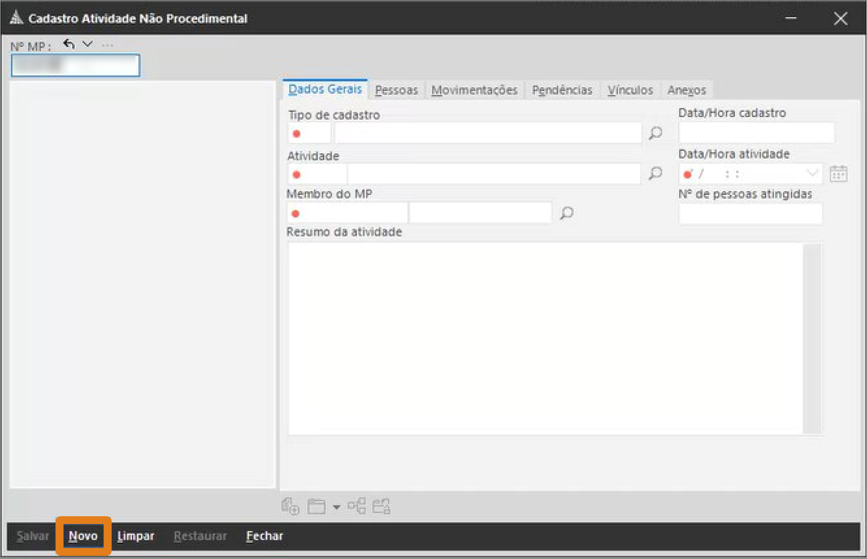 Tela do Cadastro de Atividade Não Procedimental no SIG‑MP, com o botão Novo destacado na barra inferior da interface.