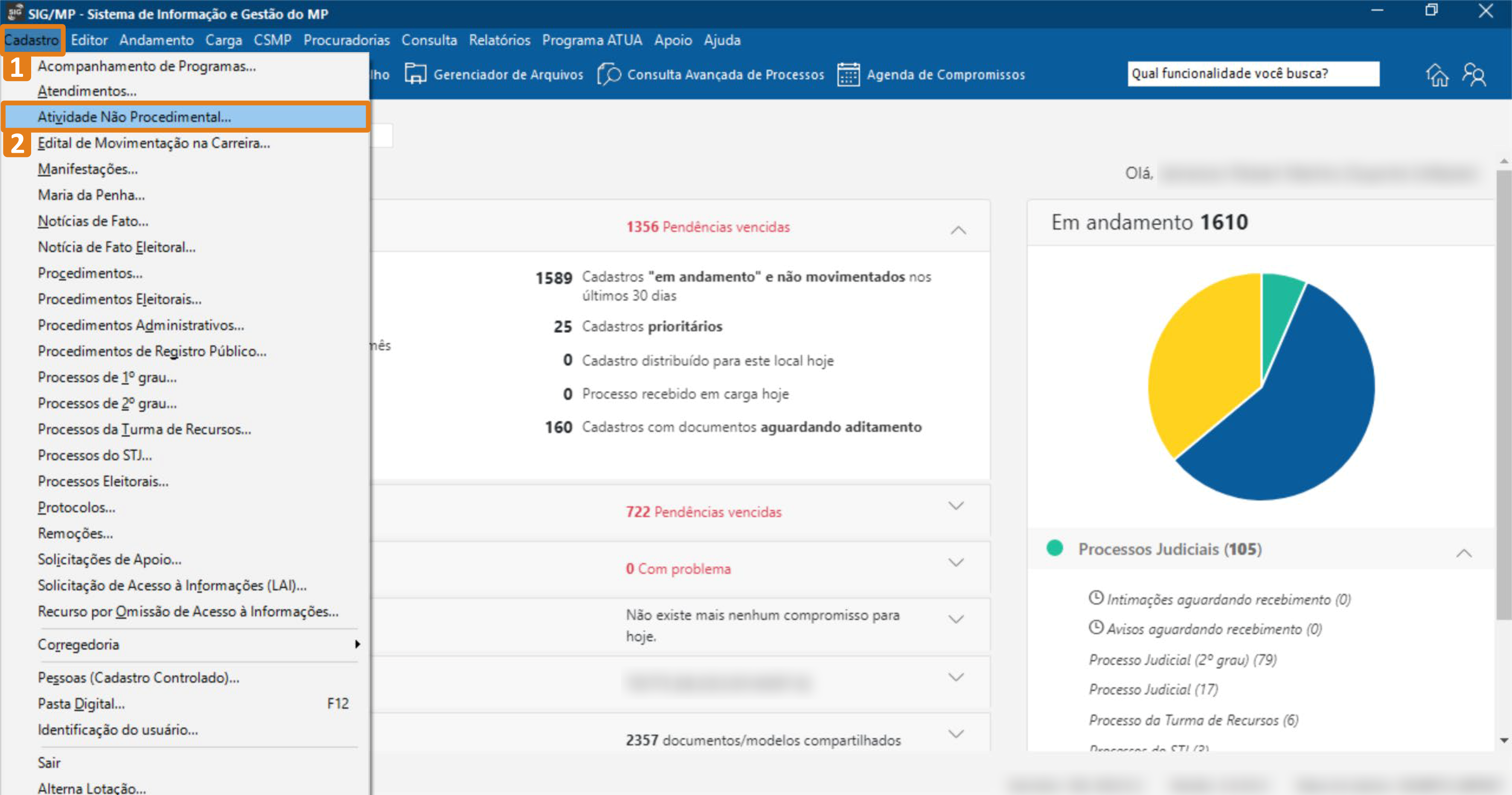 Tela inicial do SIG‑MP com o menu Cadastro aberto. Os destaques em laranja indicam o item Cadastro na barra superior e a opção Atividade Não Procedimental dentro do menu suspenso.
