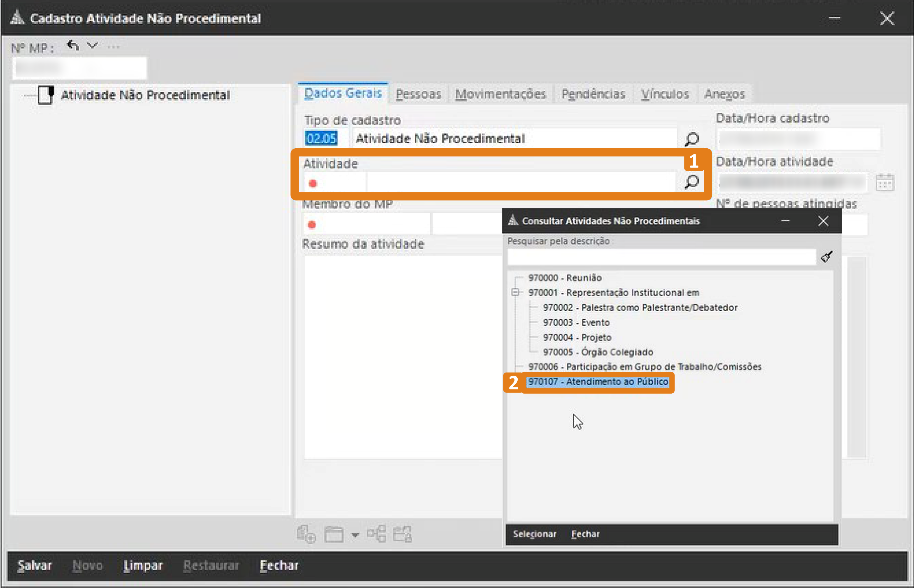 Tela do Cadastro de Atividade Não Procedimental no SIG‑MP, com destaque para o campo Atividade e, na janela de consulta aberta, a opção 970107 – Atendimento ao Público selecionada.