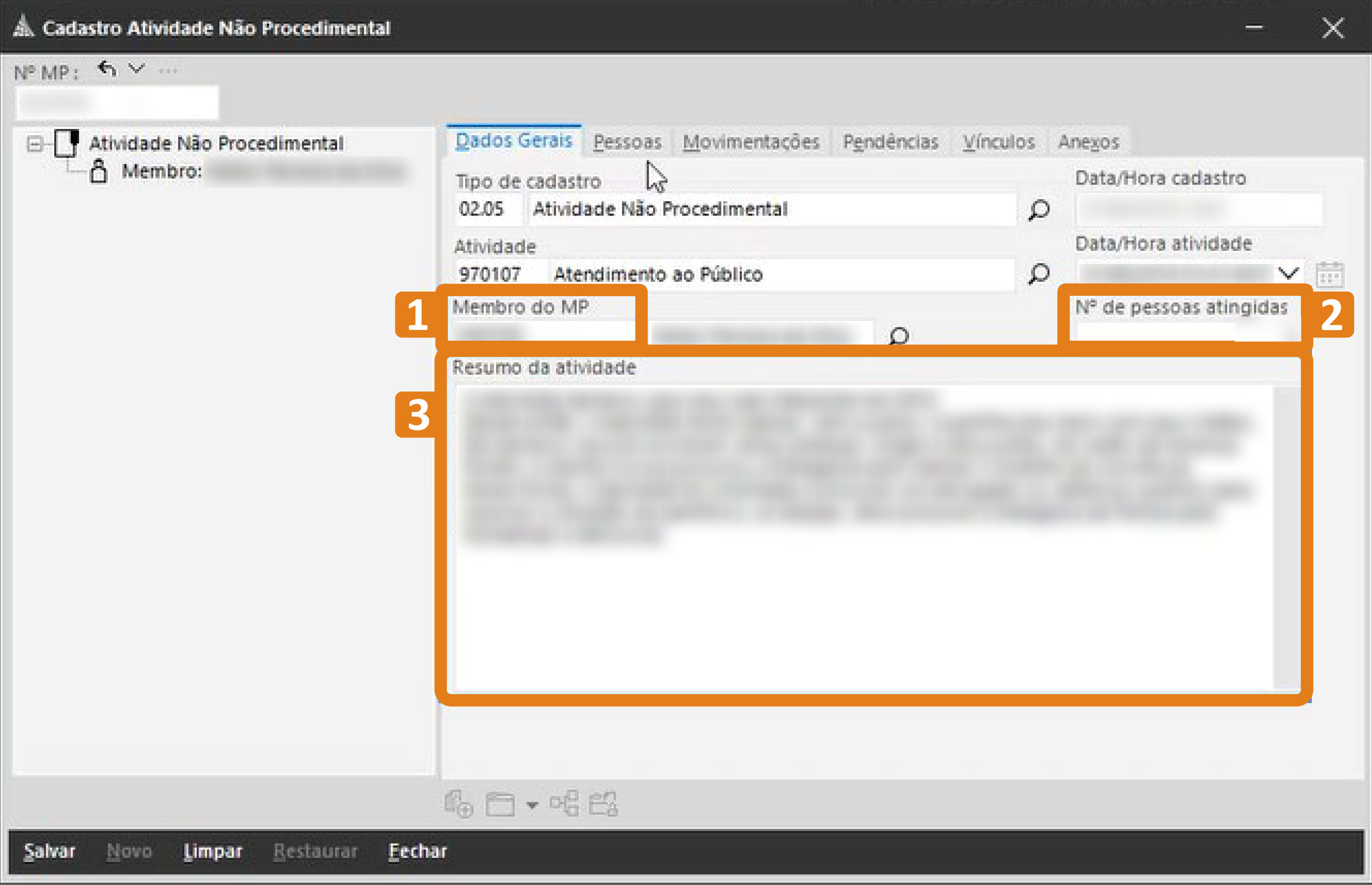 Tela do Cadastro de Atividade Não Procedimental no SIG‑MP, com destaque para o campo Membro do MP, o campo Número de pessoas atingidas e o campo Resumo da atividade.