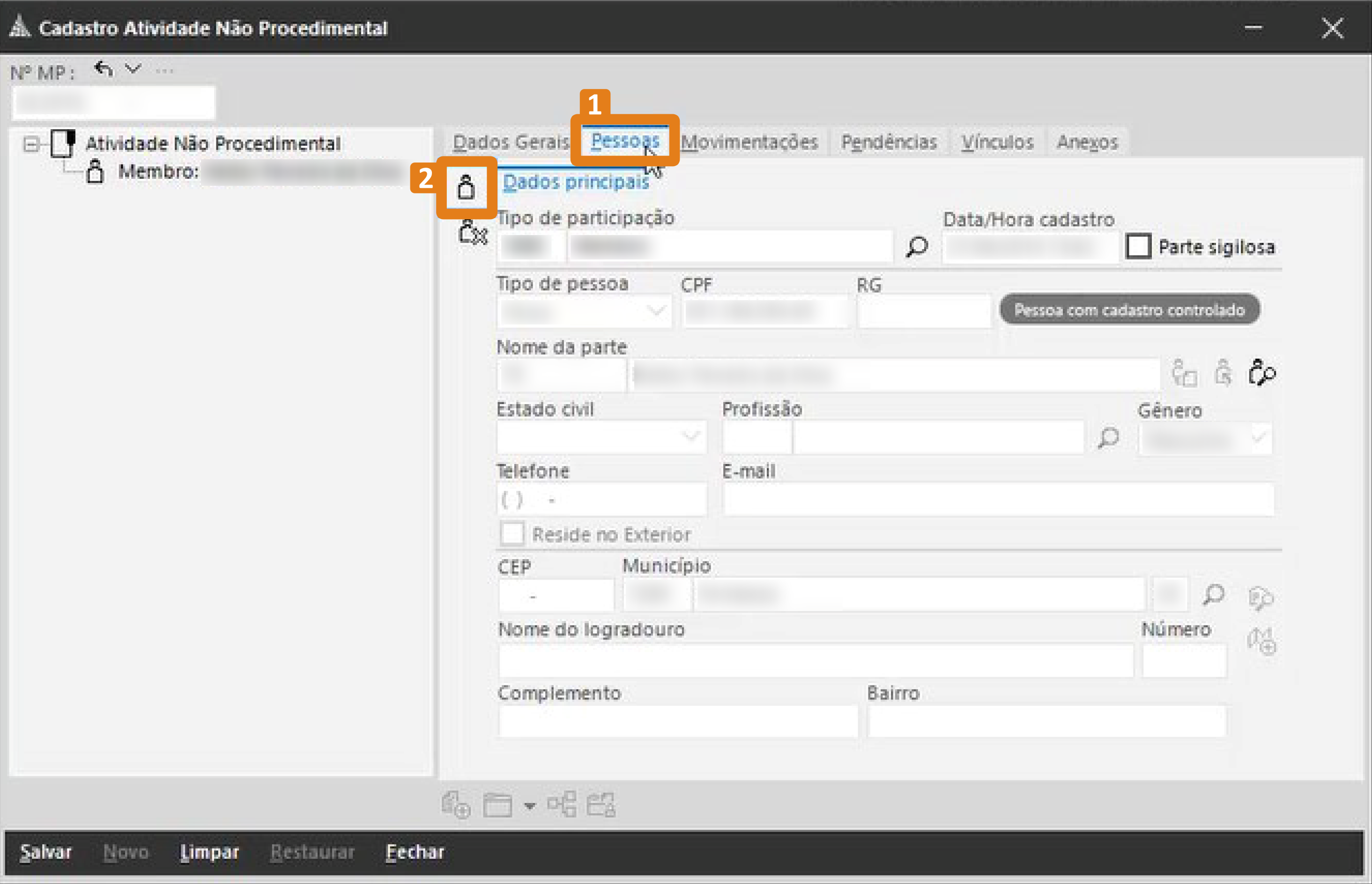 Tela do Cadastro de Atividade Não Procedimental no SIG‑MP, com destaque para a aba Pessoas na área superior e para o ícone que indica a pessoa vinculada ao cadastro.