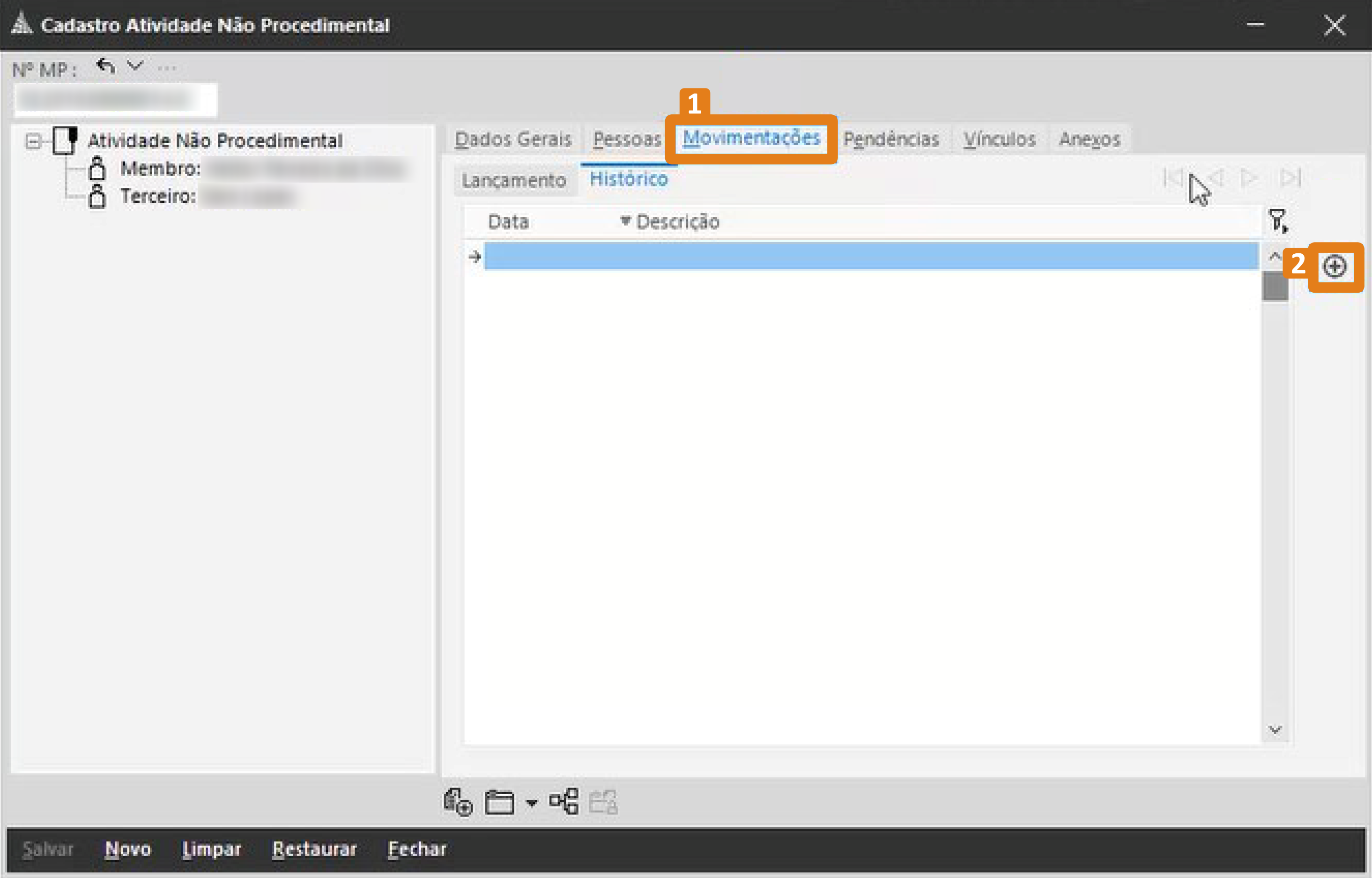 Tela do Cadastro de Atividade Não Procedimental no SIG‑MP, com destaque para a aba Movimentações e para o botão Adicionar, localizado ao lado da lista de movimentações.