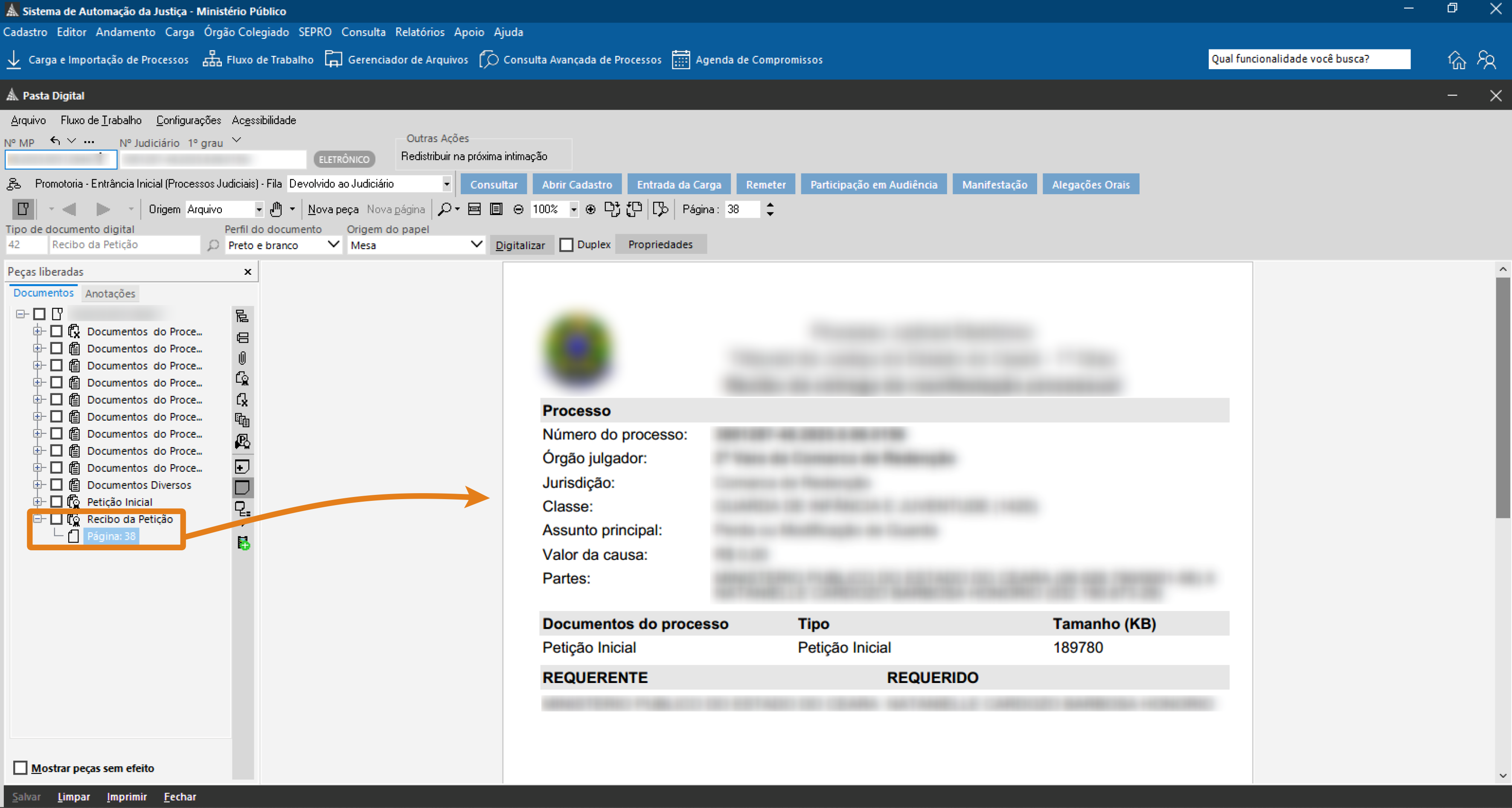 Tela da Pasta Digital do MP no Sistema de Automação da Justiça, com destaque para o documento Recibo da Petição, localizado na lista de peças liberadas à esquerda.