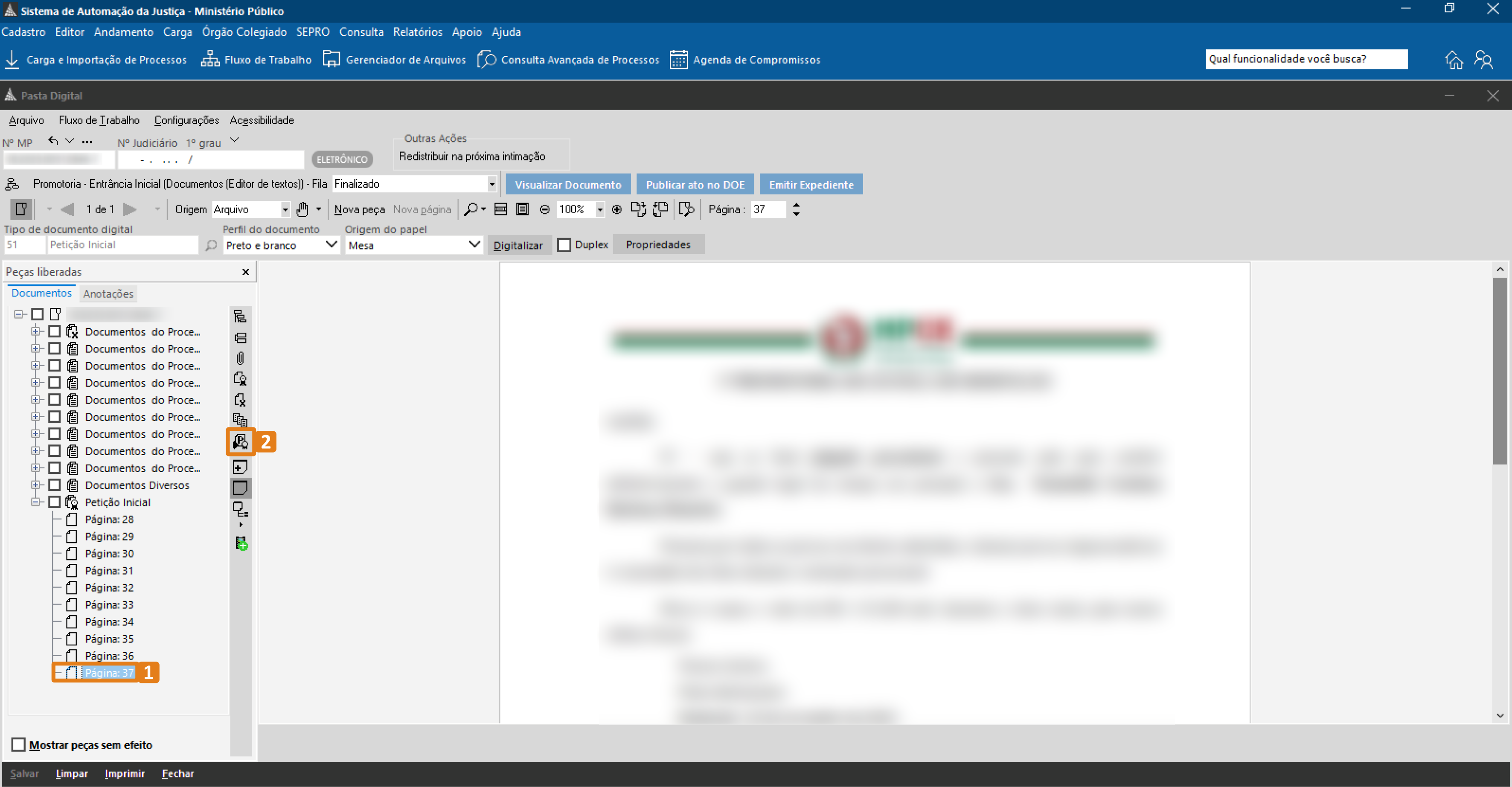 Tela da Pasta Digital do MP no Sistema de Automação da Justiça, com destaque para a seleção de um documento na listagem à esquerda e para o botão Peticionar.