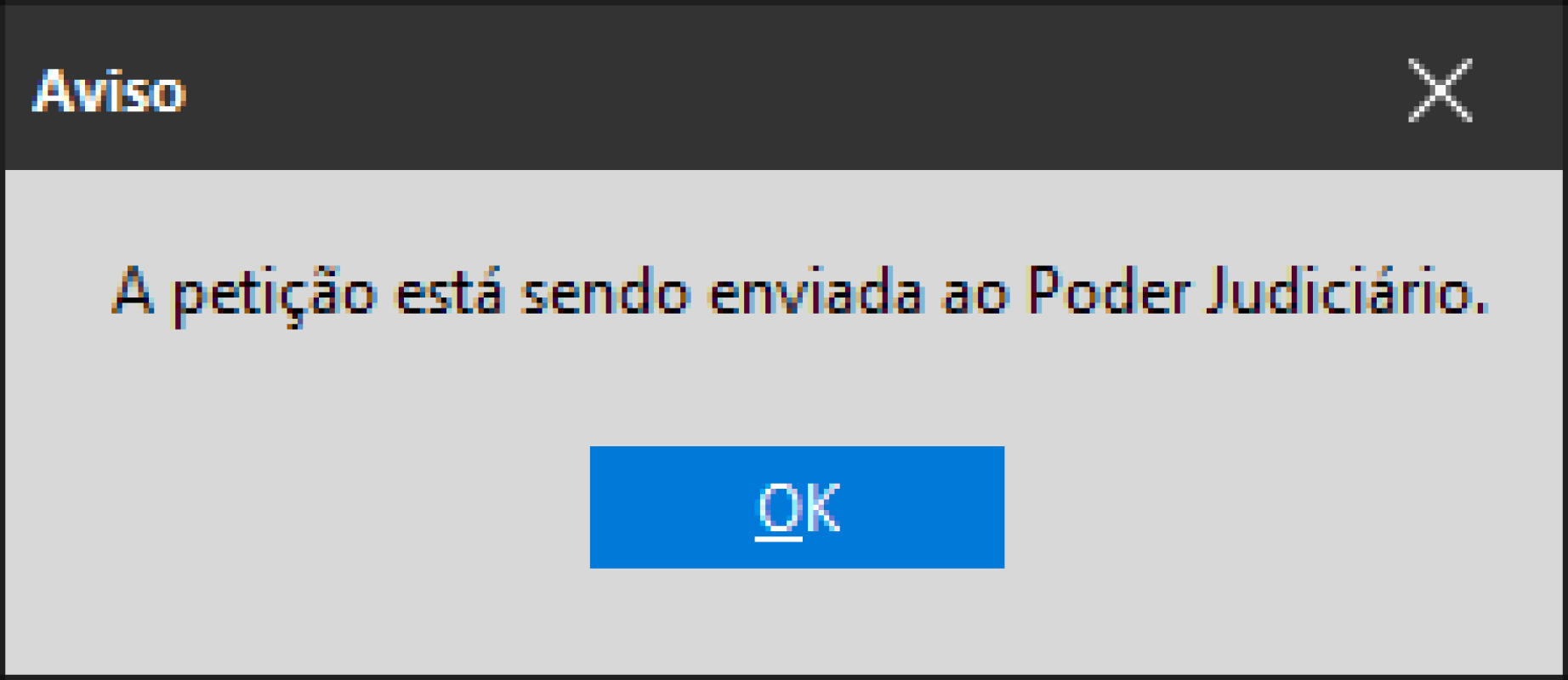 Janela de aviso do Sistema de Automação da Justiça informando que a petição está sendo enviada ao Poder Judiciário, com um botão OK para confirmação.
