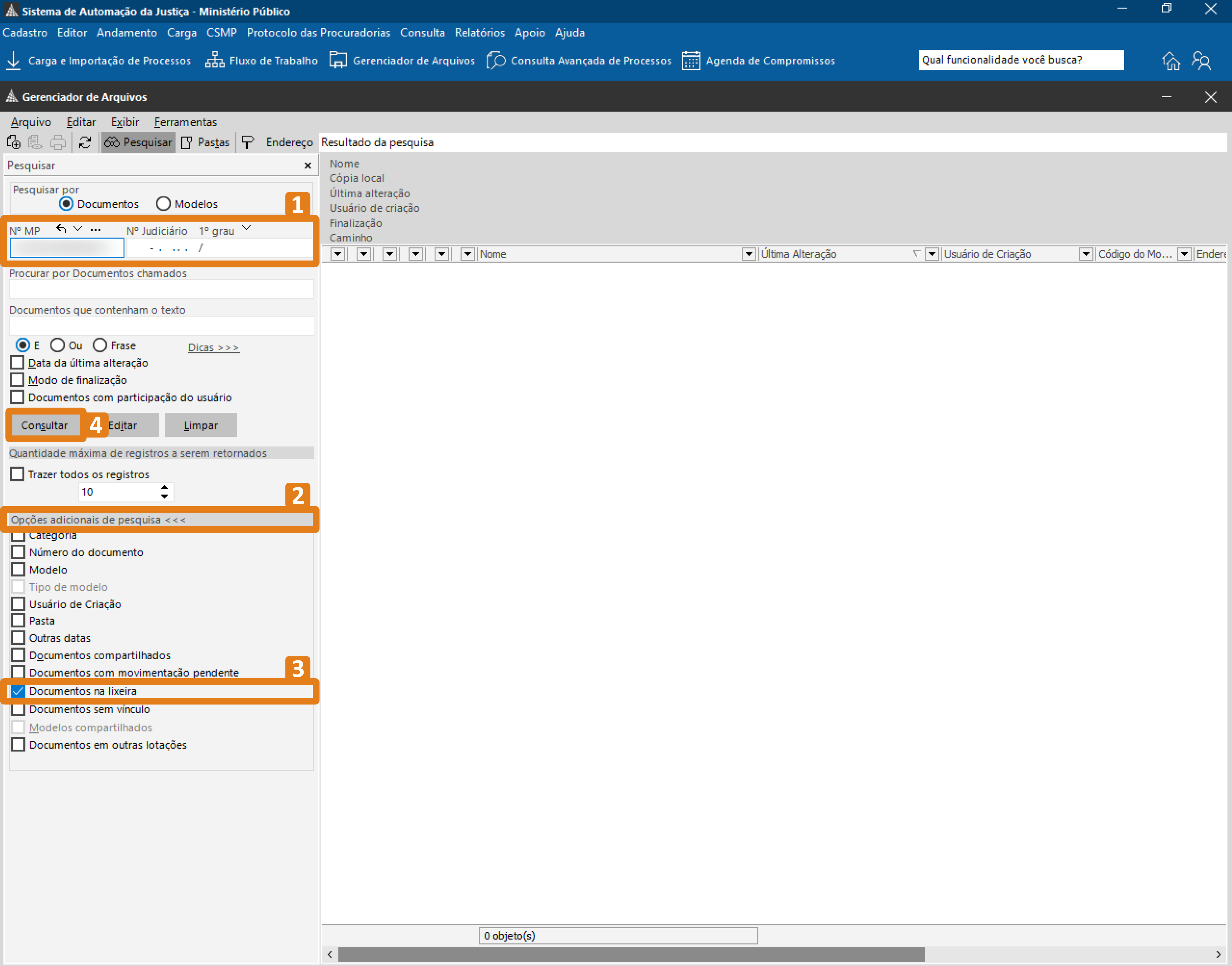 Tela do Gerenciador de Arquivos do Sistema de Automação da Justiça, com destaque para o filtro de pesquisa por número do MP e número judiciário, para a seção de Opções adicionais de pesquisa, para a opção Documentos na lixeira e para o botão Consultar.