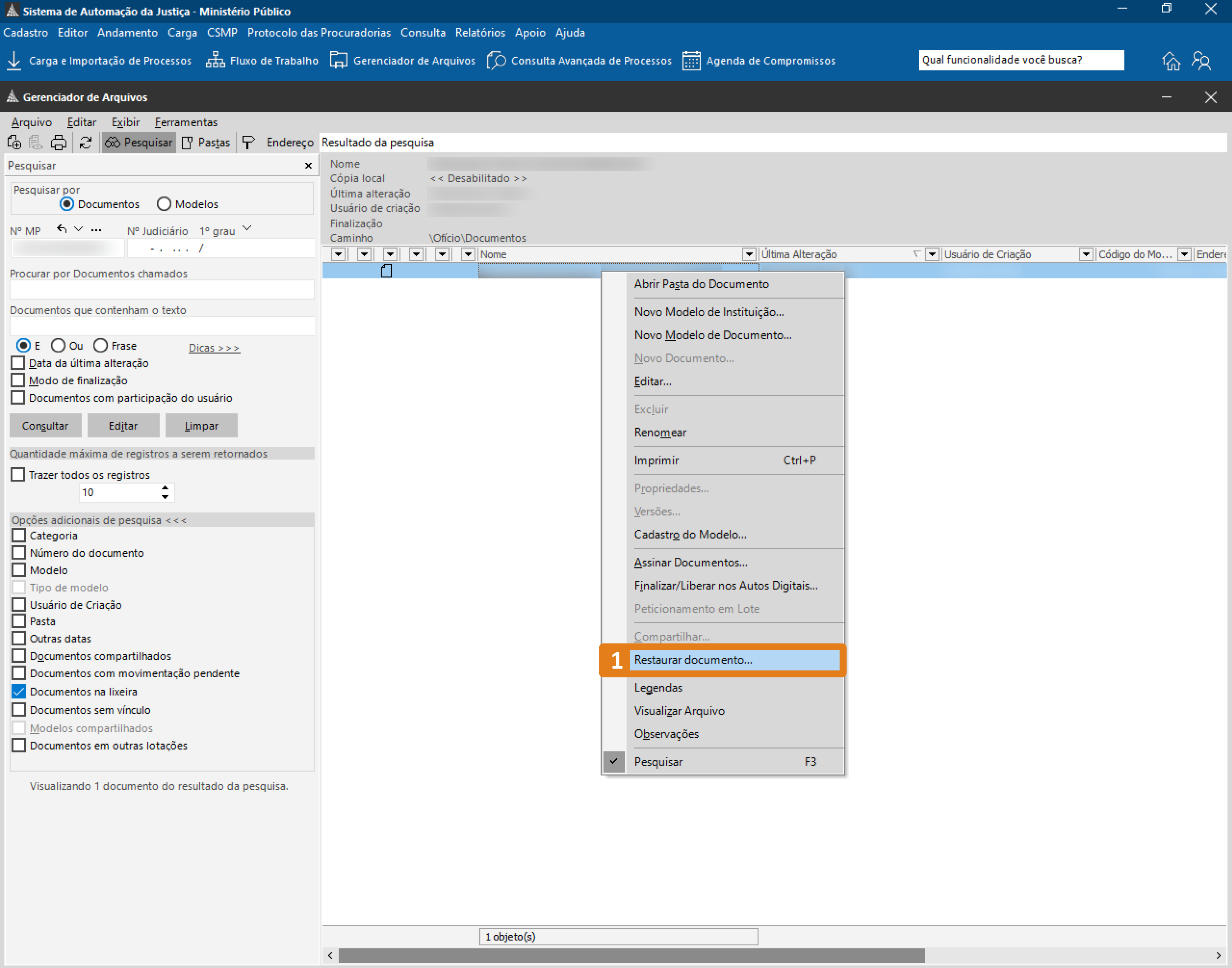 Tela do Gerenciador de Arquivos do Sistema de Automação da Justiça, com destaque para a opção Restaurar documento exibida no menu de contexto.