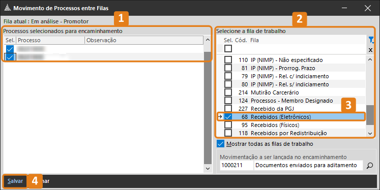 Tela do SAJ mostrando a janela “Movimento de Processos entre Filas”. O destaque (1) apresenta a lista de processos selecionados para encaminhamento. O destaque (2) mostra a lista de filas de trabalho disponíveis. No destaque (3), a fila “68 – Recebidos (Eletrônicos)” está marcada. No destaque (4), aparece o botão “Salvar”