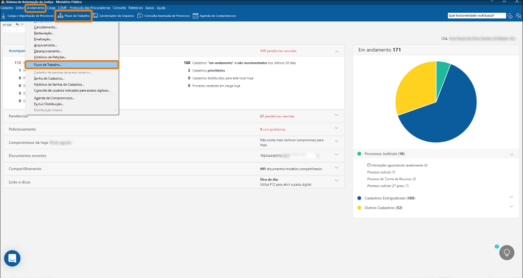 Tela inicial do SAJ com o menu Andamento destacado e a opção Fluxo de Trabalho evidenciada no submenu e no atalho