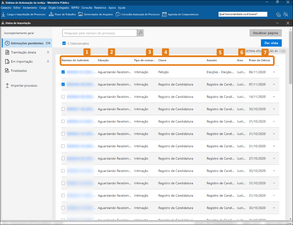 Tela do SAJ na área de Status de Importação. Na lista de processos, os destaques em laranja indicam as colunas “Número do Judiciário”, “Situação”, “Tipo de comunicação”, “Classe”, “Assunto”, “Grau” e “Prazo de Ciência”.