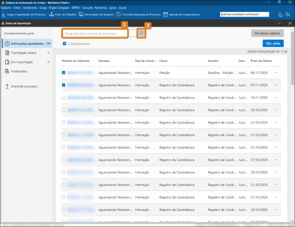 Tela do SAJ na área de Status de Importação. Na barra superior da lista, o destaque em laranja marca o campo de busca por número do processo e, ao lado, o ícone de lupa usado para iniciar a pesquisa.