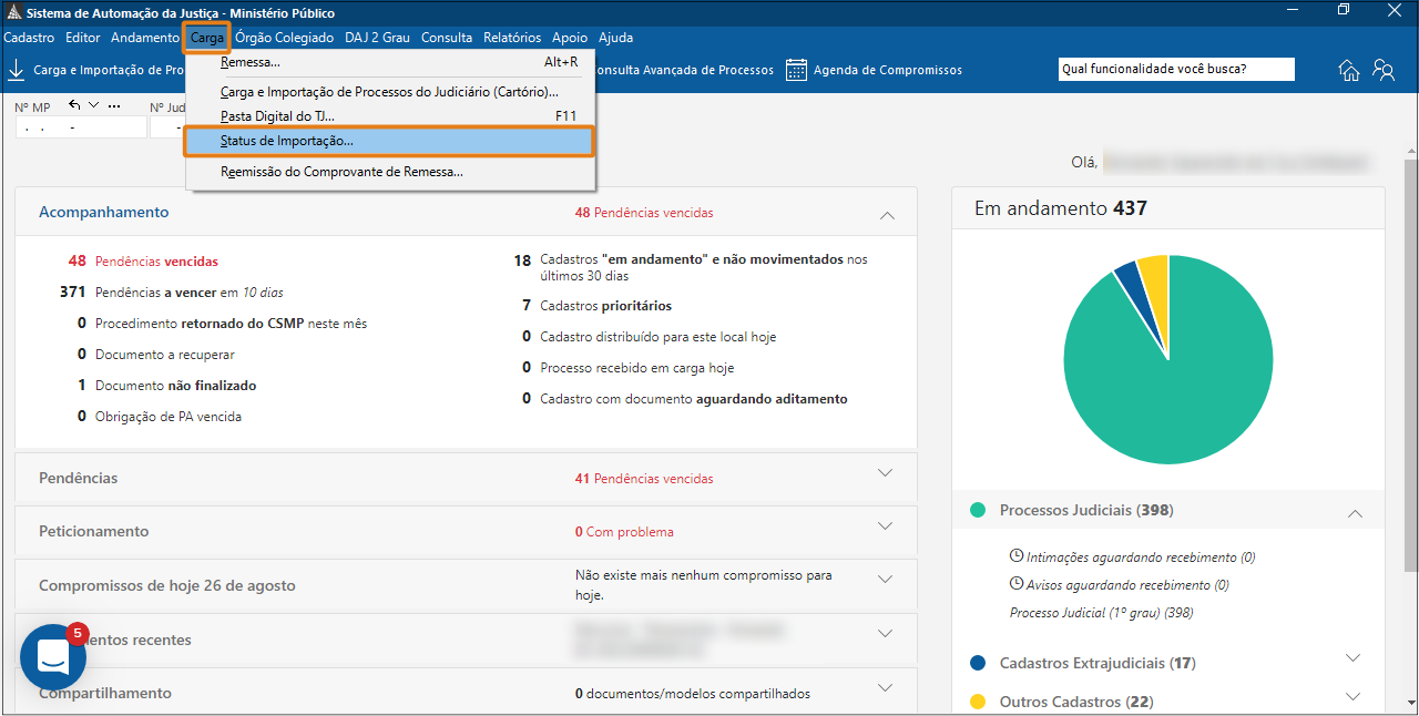 Tela inicial do SAJ. No menu superior, o item “Status de Importação” está destacado em laranja dentro do menu “Carga”