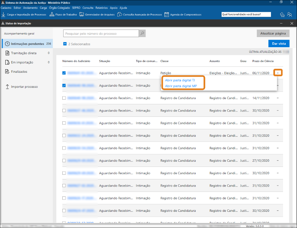 Tela do SAJ na área de Status de Importação. No lado direito da lista, o destaque em laranja indica o menu de ações aberto, exibindo as opções “Abrir pasta digital TJ” e “Abrir pasta digital MP”.