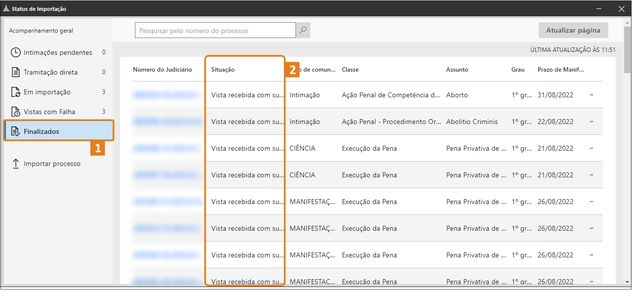 Tela do SAJ na área de Status de Importação. No menu lateral esquerdo, o destaque em laranja marca a opção “Finalizados”. No centro da lista, outro destaque realça a coluna “Situação”, onde constam vistas recebidas com sucesso.