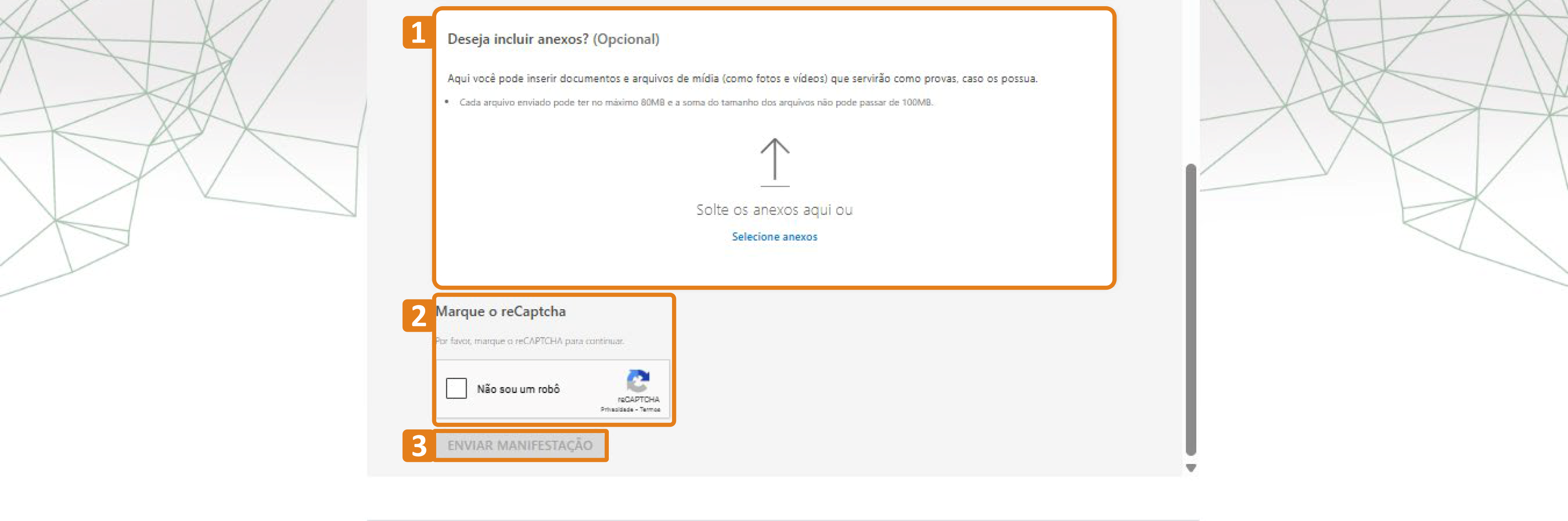 No site do MPCE, a etapa final do formulário de manifestação exibe três áreas destacadas em laranja: (1) a seção para incluir anexos, (2) o campo para marcar o reCAPTCHA “Não sou um robô” e (3) o botão “Enviar manifestação”.