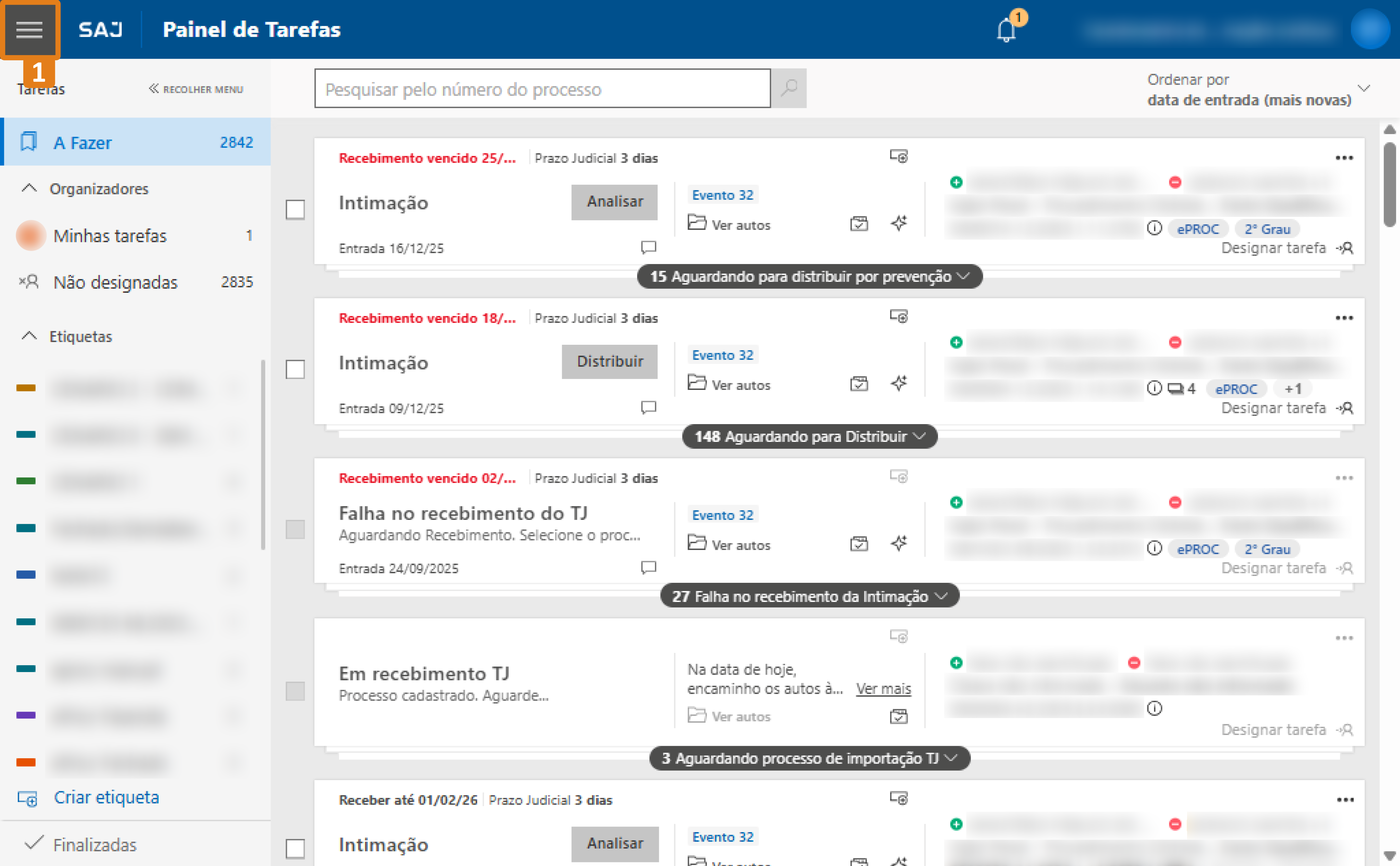 No sistema SAJ – Painel de Tarefas, o ícone do menu lateral está destacado em laranja com o número 1.