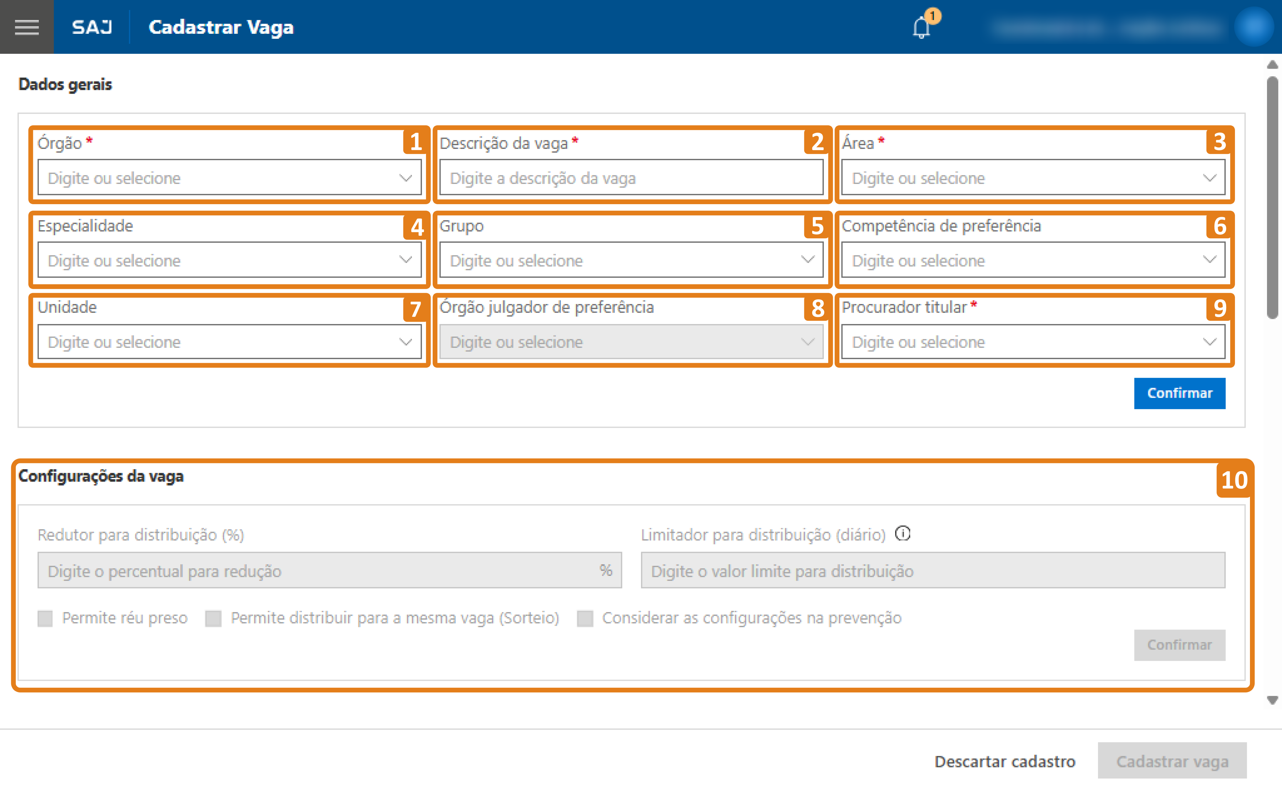 No sistema SAJ – Cadastrar Vaga, dez campos estão destacados em laranja: (1) Órgão, (2) Descrição da vaga, (3) Área, (4) Especialidade, (5) Grupo, (6) Competência de preferência, (7) Unidade, (8) Órgão julgador de preferência, (9) Procurador titular e (10) a seção de Configurações da vaga.