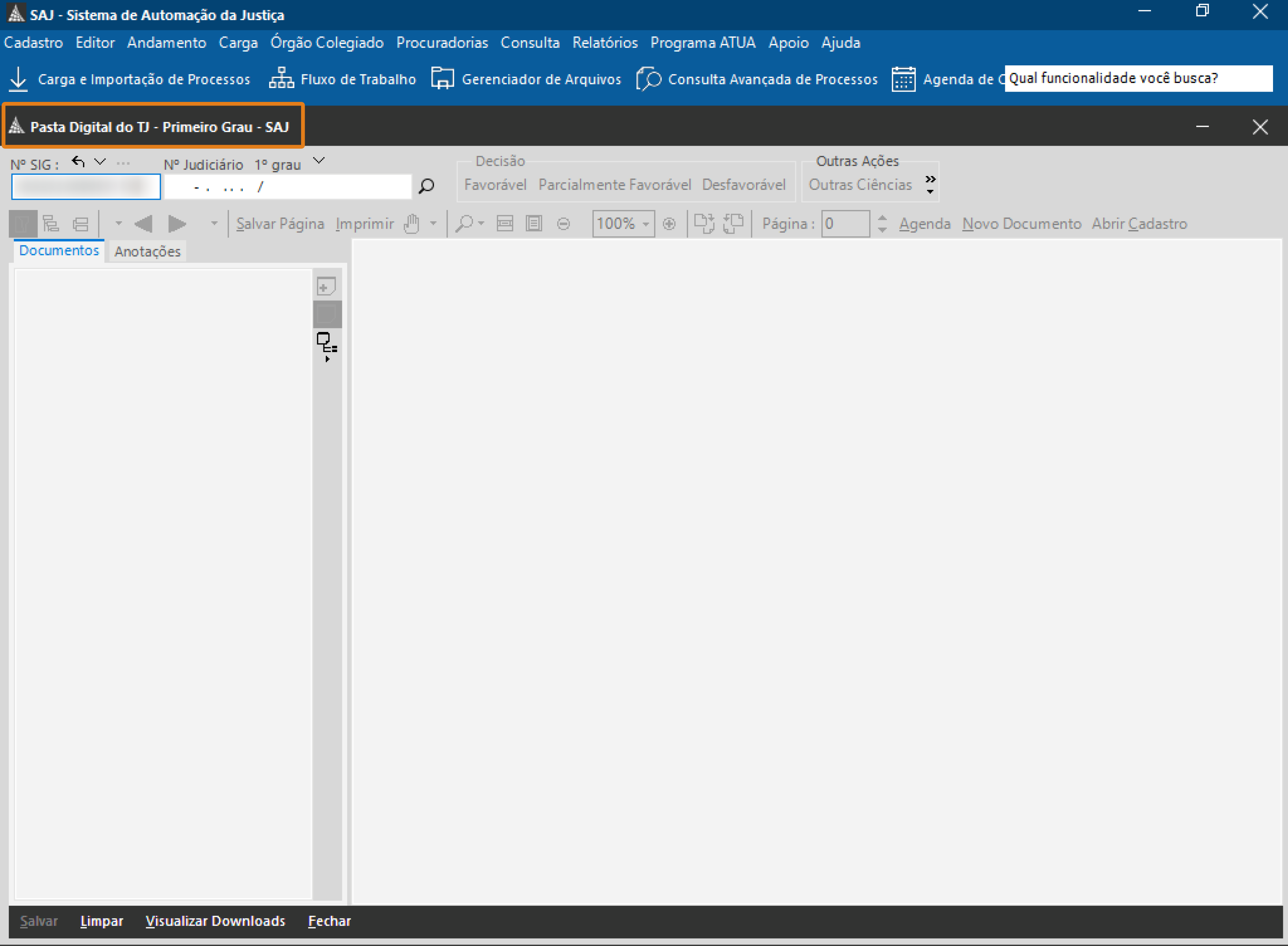 Interface do sistema SAJ na tela da Pasta Digital do TJ 1º Grau, exibindo área principal vazia, abas laterais de documentos e anotações e barra superior com menus e ferramentas.