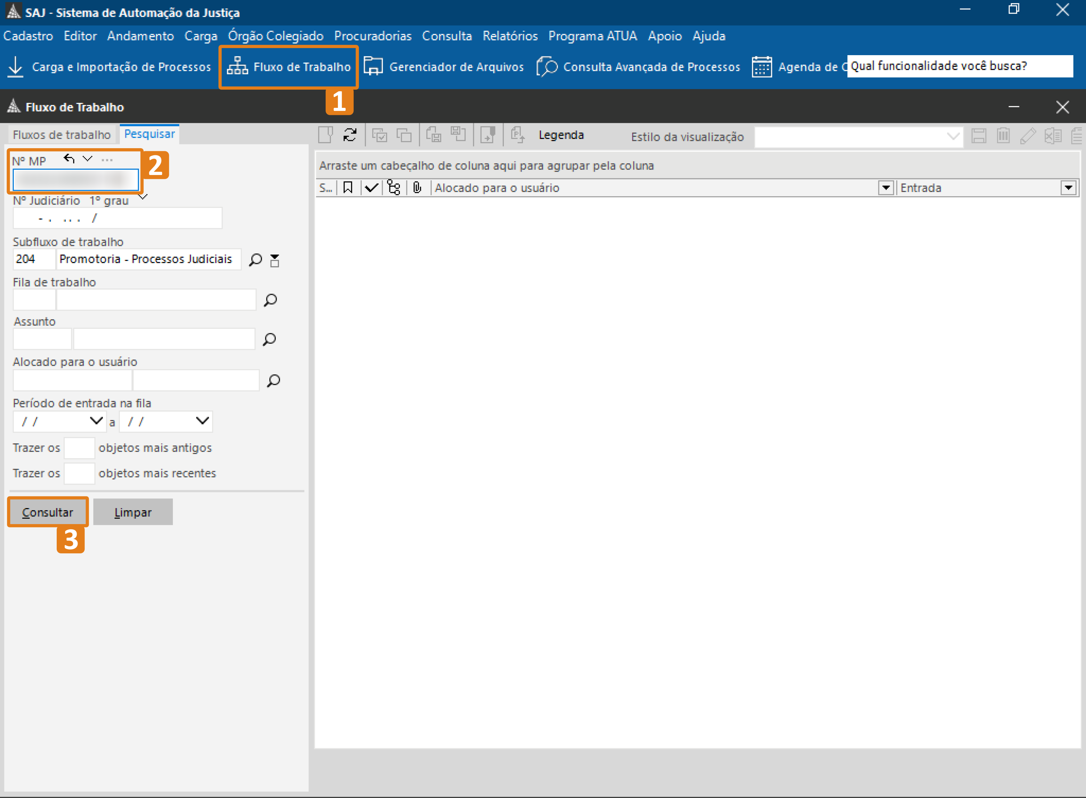 Na tela do SAJ, três elementos estão destacados em laranja: o menu “Fluxo de Trabalho” (1), o campo de filtro “MP” no painel lateral esquerdo (2) e o botão “Consultar” (3). À direita, a área de resultados aparece vazia