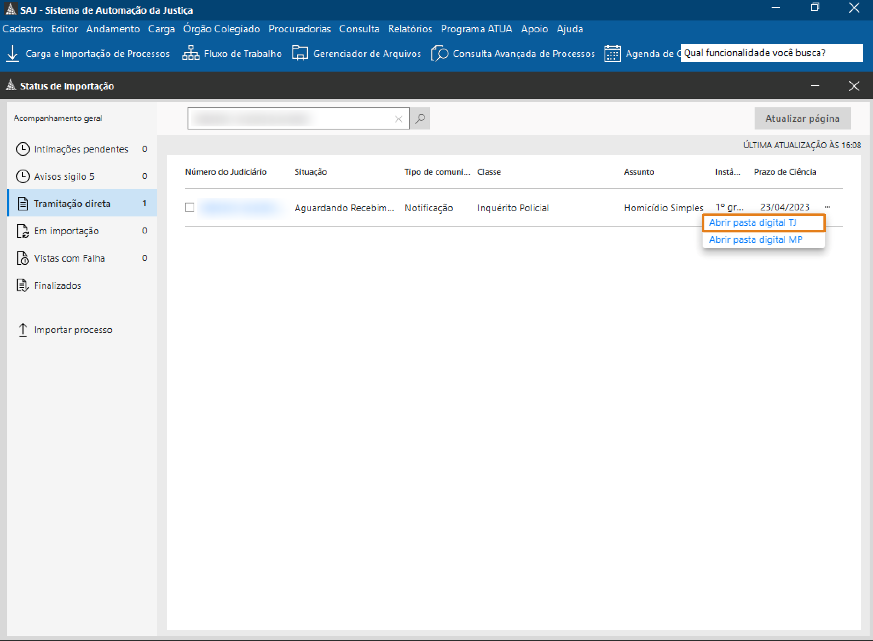 Na tela “Status de Importação” do SAJ, a aba “Tramitação direta” está selecionada e um item apresenta o botão “Abrir pasta digital TJ” destacado em laranja. A lista mostra um único processo aguardando recebimento.