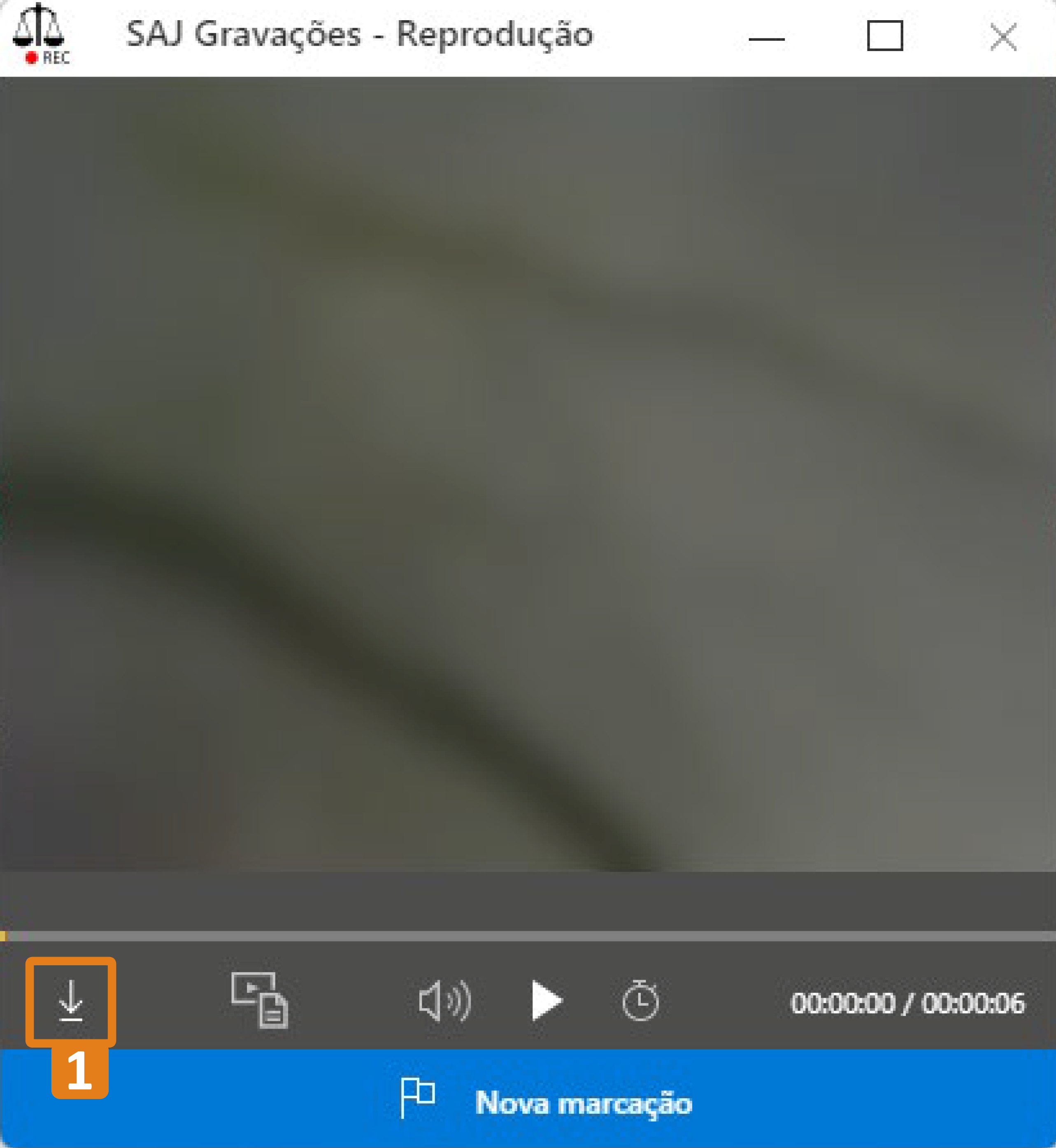 No SAJ Gravações, o botão de download na barra inferior está destacado em laranja (1). A janela exibe os controles de reprodução de áudio e vídeo.