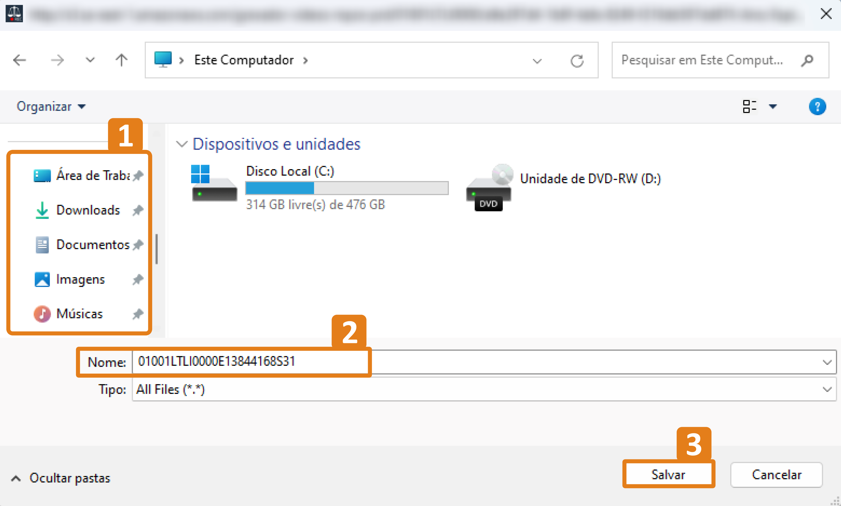 Na janela de salvamento do Windows, a coluna de pastas rápidas está destacada em laranja (1), assim como o campo de nome do arquivo (2) e o botão “Salvar” (3). A tela permite escolher o local onde o arquivo será gravado.