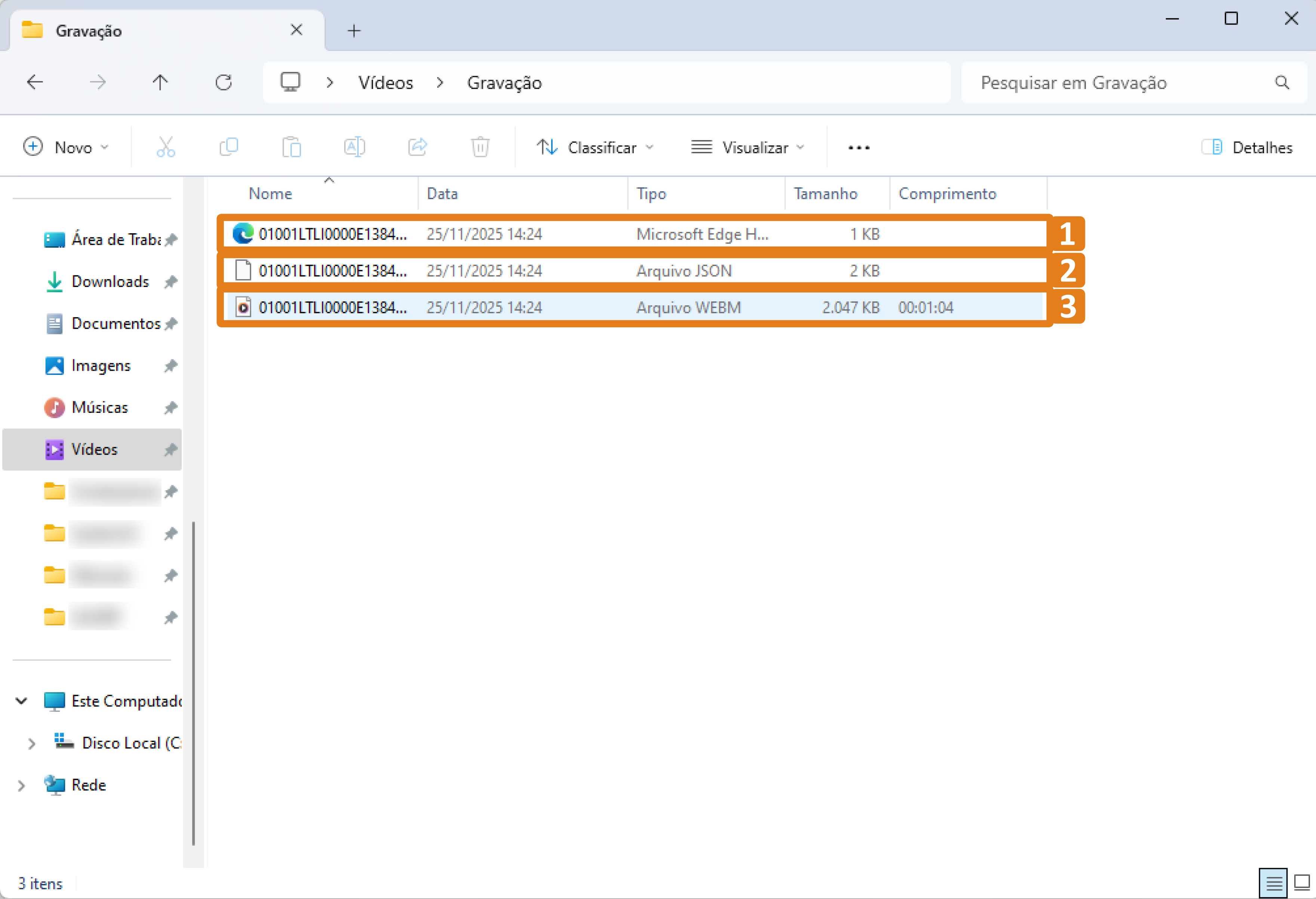 No Explorador de Arquivos do Windows, três itens estão destacados em laranja: o primeiro arquivo da lista (1), o segundo arquivo (2) e o terceiro arquivo (3). Todos compartilham o mesmo nome inicial, mas possuem tipos diferentes — HTML, JSON e WEBM.