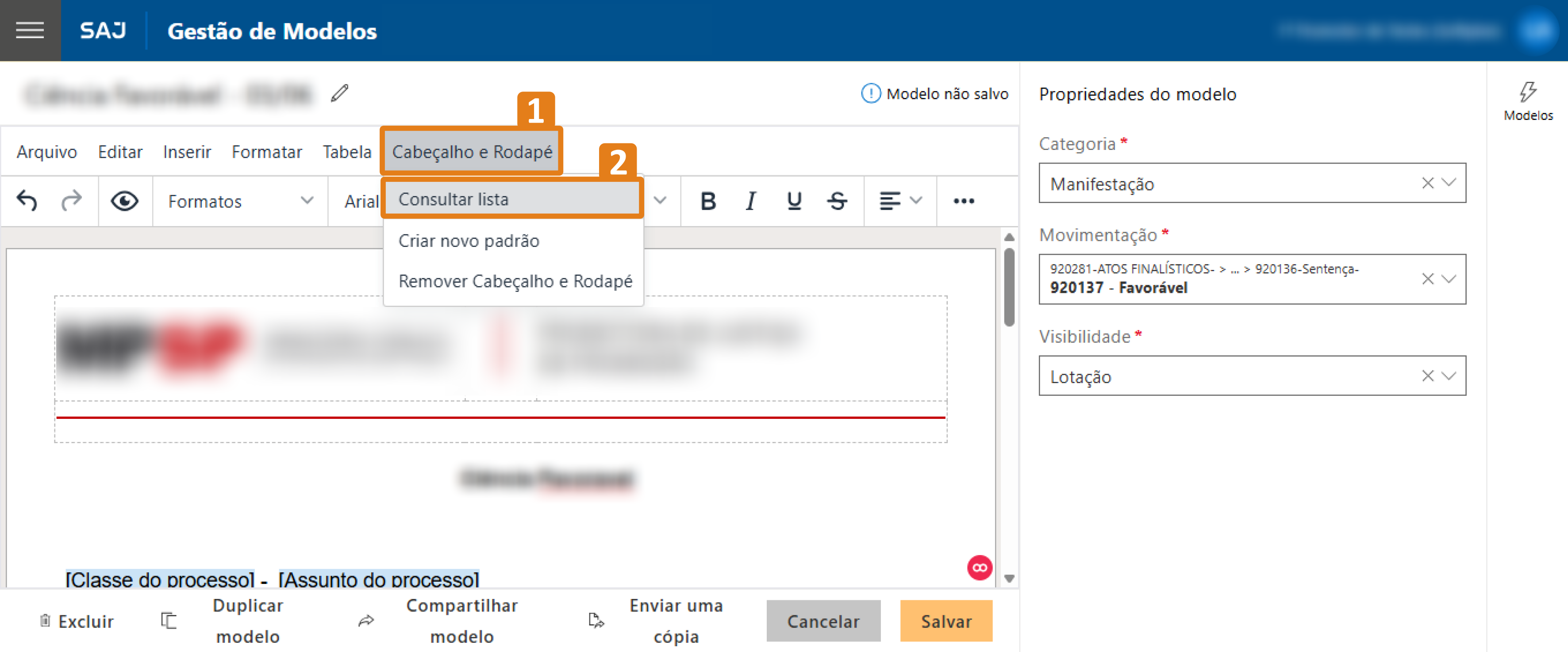 Na tela de Gestão de Modelos do SAJ, o menu “Cabeçalho e Rodapé” está destacado em laranja (1), assim como a opção “Consultar lista” dentro desse menu (2). O editor de texto aparece ao centro, com propriedades do modelo exibidas à direita.