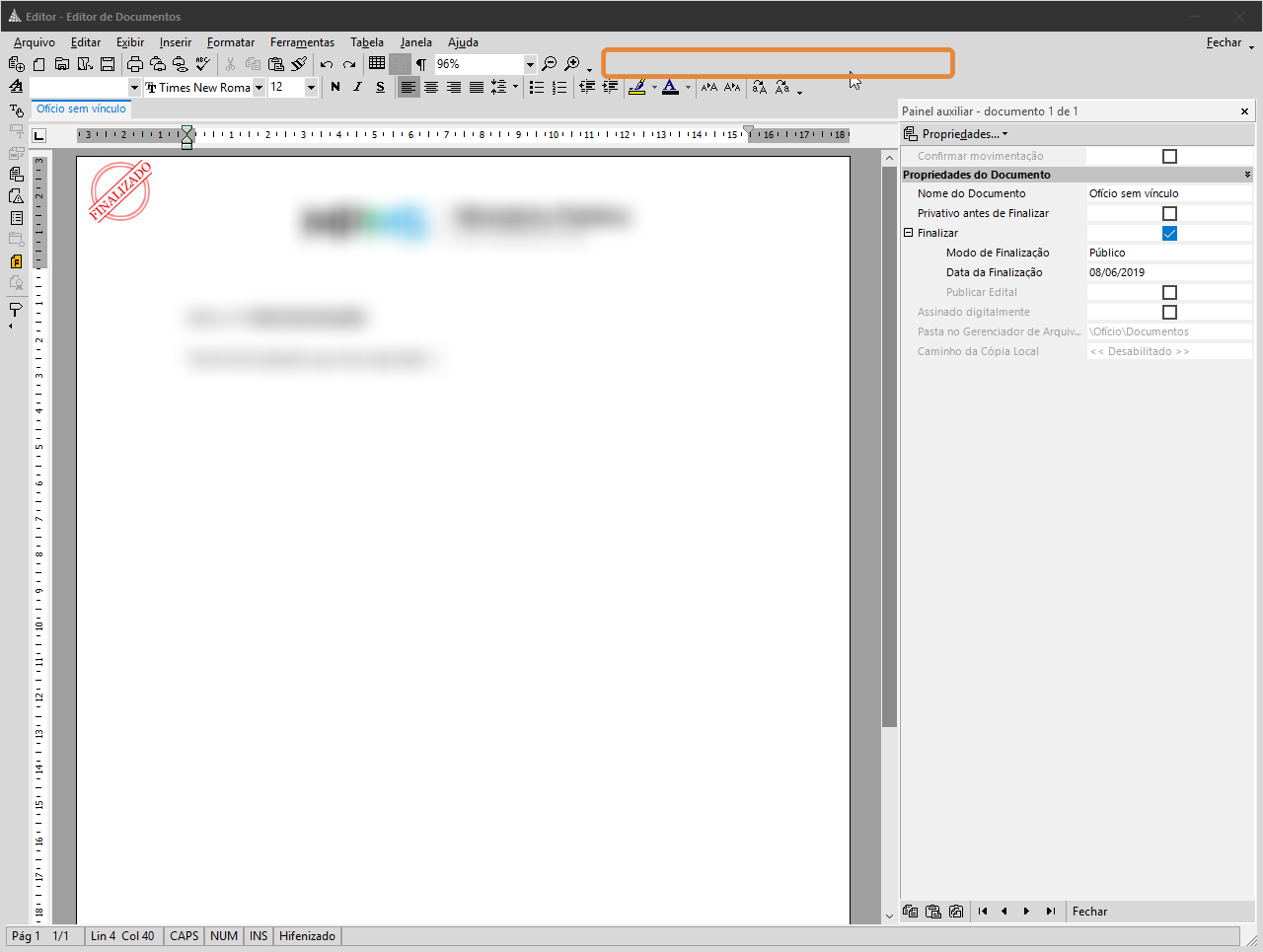 No Editor de Documentos do SAJ, a barra superior exibe as ferramentas de edição. Após desmarcar a opção “Editor – Tabelas”, os botões específicos dessa barra deixam de aparecer no topo, restando apenas os demais comandos gerais de formatação.