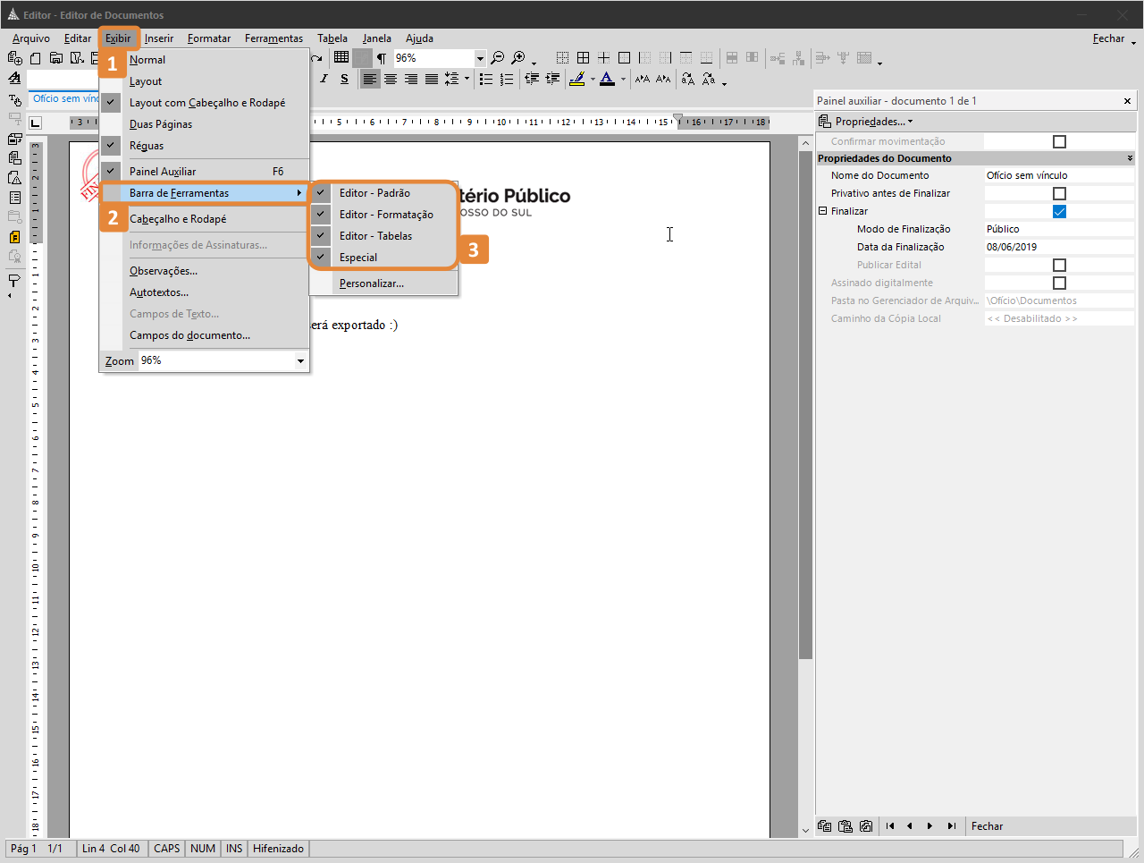 No Editor de Documentos do SAJ, o menu “Exibir” está destacado em laranja (1). No submenu, a opção “Barra de Ferramentas” aparece destacada (2), exibindo a lista de barras disponíveis, como Editor – Padrão, Editor – Formatação, Editor – Tabelas, Especial e Personalizar (3).