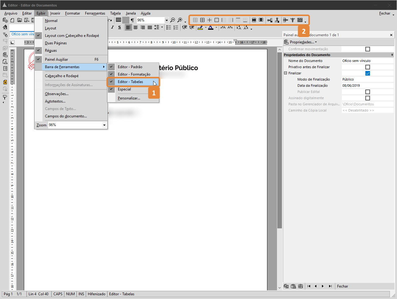 No Editor de Documentos do SAJ, a opção “Editor – Tabelas” está destacada em laranja no menu Barra de Ferramentas (1). Na parte superior da tela, a barra de ferramentas de tabelas também aparece destacada em laranja (2).No Editor de Documentos do SAJ, a opção “Editor – Tabelas” está destacada em laranja no menu Barra de Ferramentas (1). Na parte superior da tela, a barra de ferramentas de tabelas também aparece destacada em laranja (2).