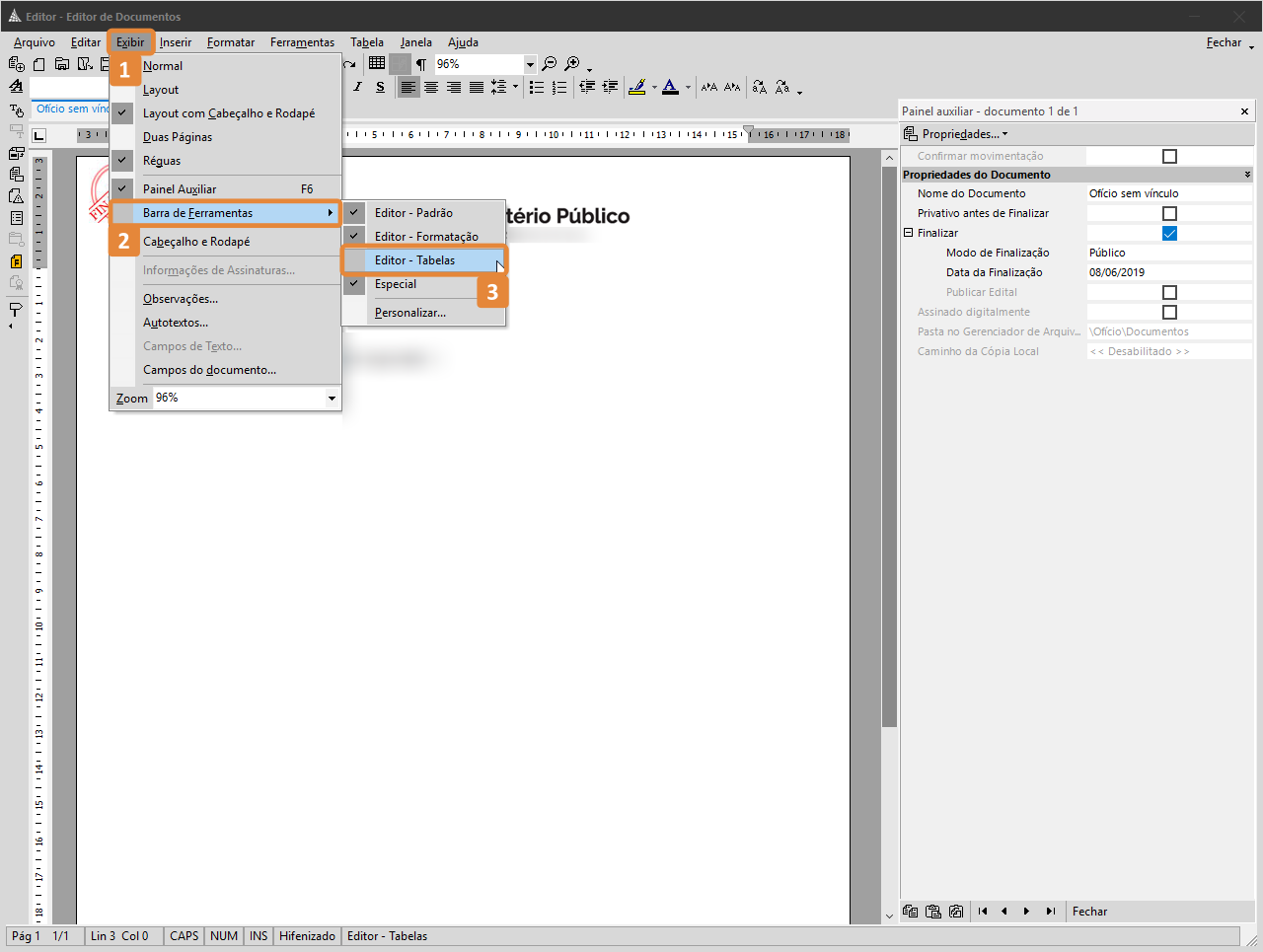 No Editor de Documentos do SAJ, o menu “Exibir” está destacado em laranja (1). No submenu, a opção “Barra de Ferramentas” aparece destacada (2), e dentro dela o item “Editor – Tabelas” está destacado (3).