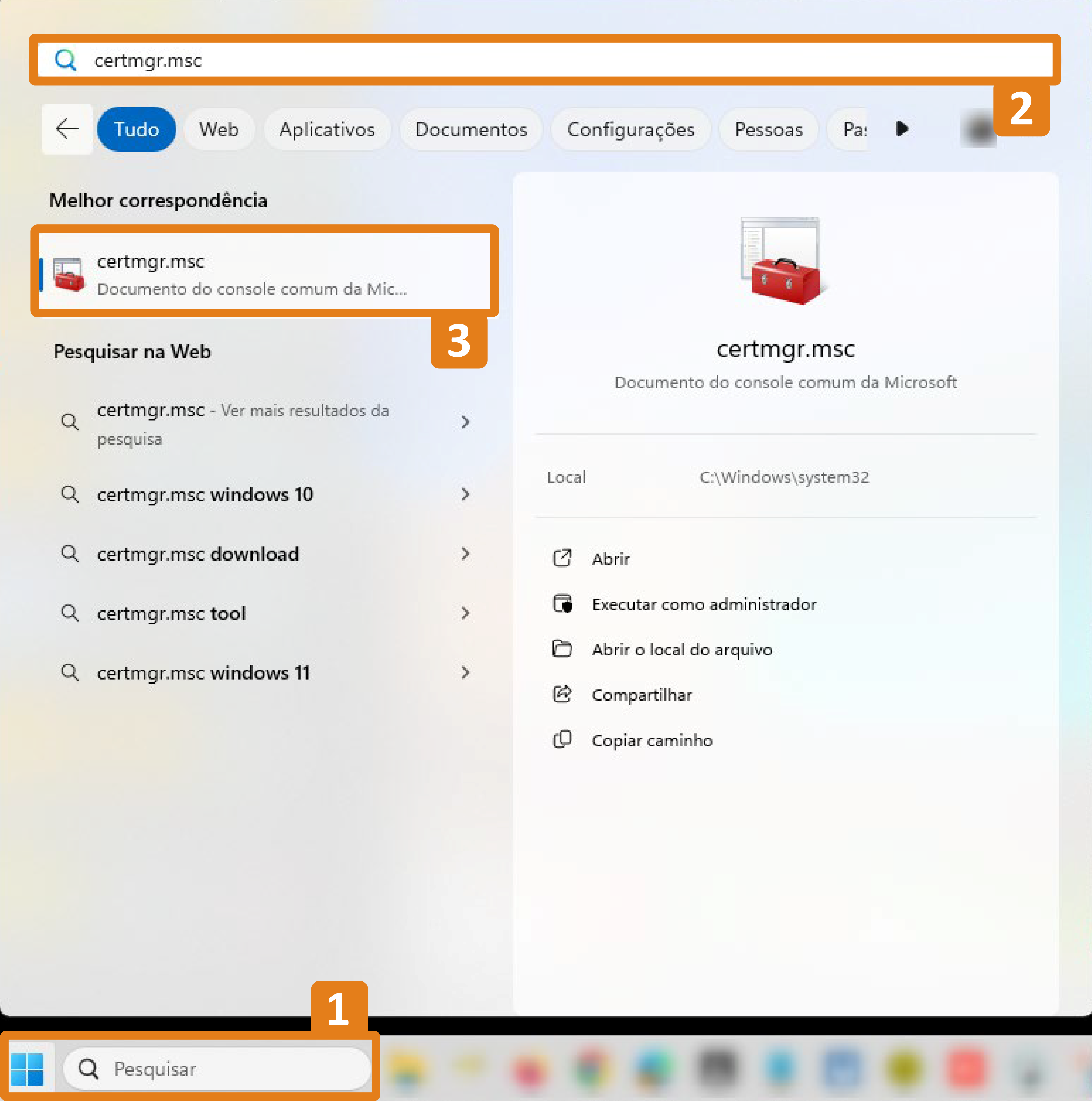 Na busca do Windows, o campo “Pesquisar” está destacado em laranja (1). Na parte superior, o termo digitado “certmgr.msc” aparece destacado na barra de pesquisa (2). Abaixo, o resultado “certmgr.msc” é exibido e também está destacado em laranja (3).