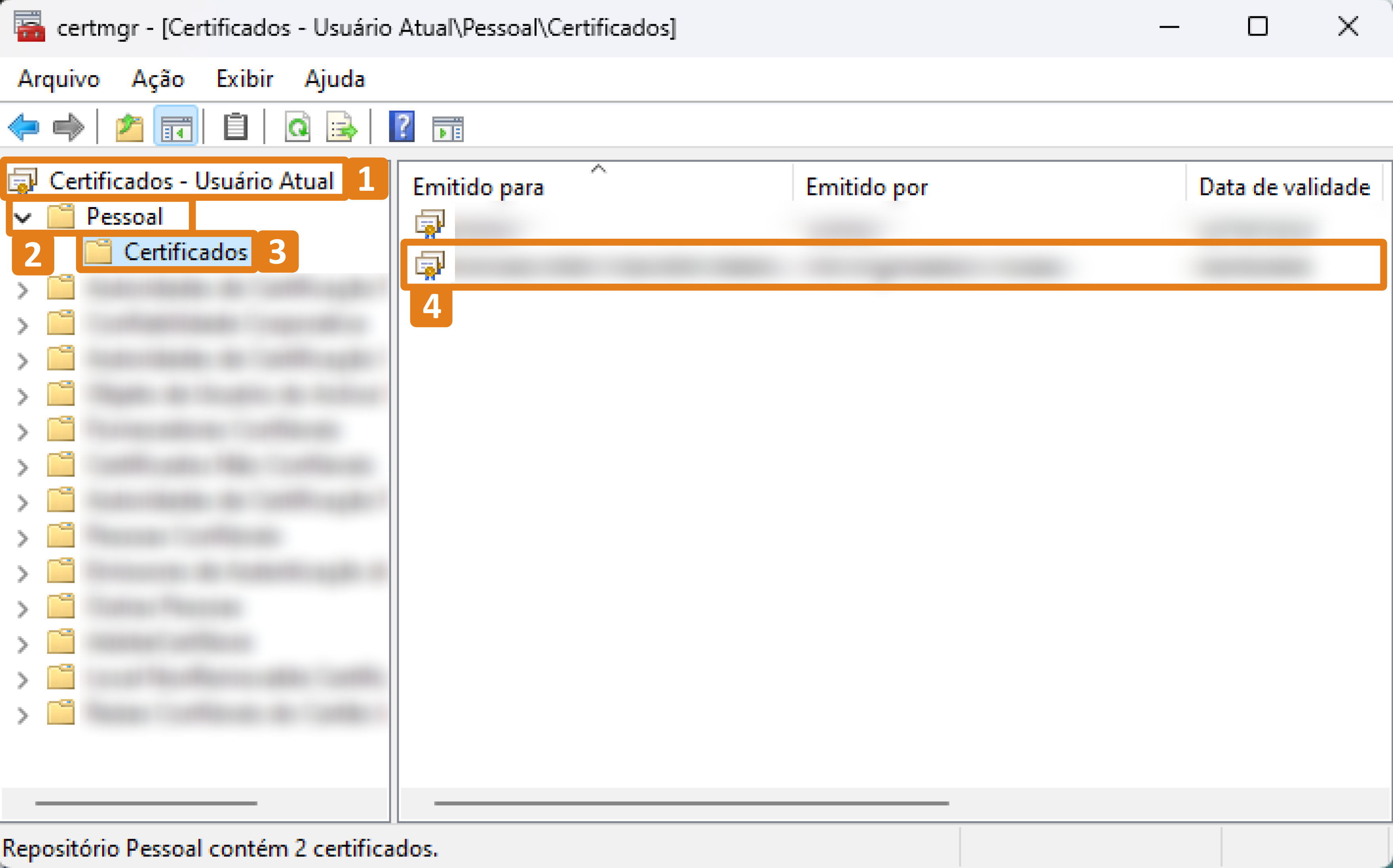 No gerenciador de certificados do Windows, o repositório “Certificados – Usuário Atual” está destacado (1), assim como a pasta “Pessoal” (2) e a subpasta “Certificados” (3). À direita, um dos certificados listados aparece destacado (4).