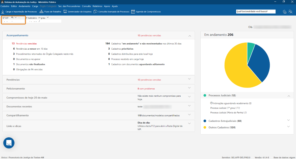 Na tela inicial do SAJMP, a seção de Acesso Rápido permite inserir o número MP do cadastro no campo superior para iniciar a consulta. A página exibe painéis com pendências, documentos e um gráfico de processos à direita.