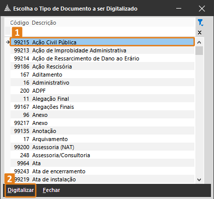 Na janela “Escolha o Tipo de Documento a ser Digitalizado”, o tipo de documento “99215 – Ação Civil Pública” está destacado em laranja (1). Na parte inferior, o botão “Digitalizar” também aparece destacado (2).