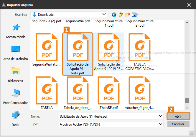 Na janela “Importar arquivo”, um arquivo PDF está selecionado e destacado em laranja (1). No canto inferior direito, o botão “Abrir” também aparece destacado (2), indicando a ação para importação do documento.