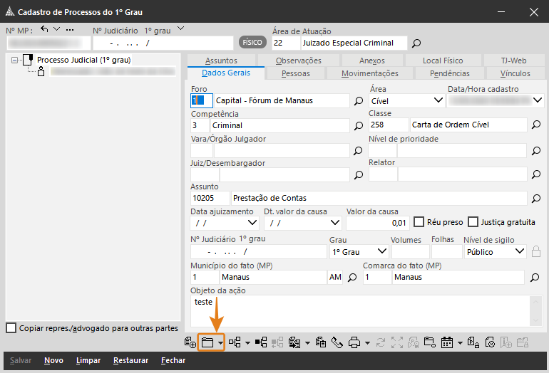 Na tela de Cadastro de Processos do 1º Grau no SAJ, o botão “Pasta Digital” está destacado em laranja (1) na barra inferior de ações, indicando onde clicar para abrir a pasta digital do processo.