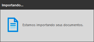 Janela de importação do SAJ exibindo a mensagem “Estamos importando seus documentos.” ao lado do ícone de arquivo, indicando que o sistema está processando a importação de arquivos.
