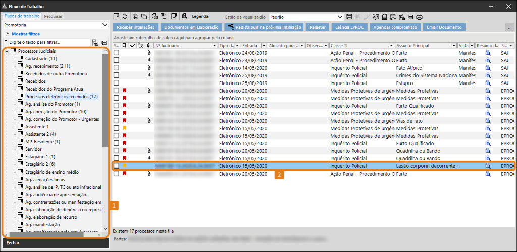 No Fluxo de Trabalho do SAJ MP, a fila selecionada está destacada (1) e o processo escolhido aparece destacado na lista (2).