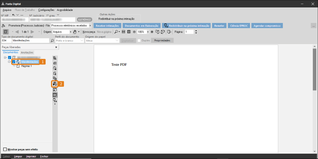 Na Pasta Digital do SAJ MP, o documento selecionado aparece destacado em laranja na lista à esquerda (1). Abaixo, o botão “Peticionar” também está destacado em laranja (2), indicando a ação para iniciar a petição.