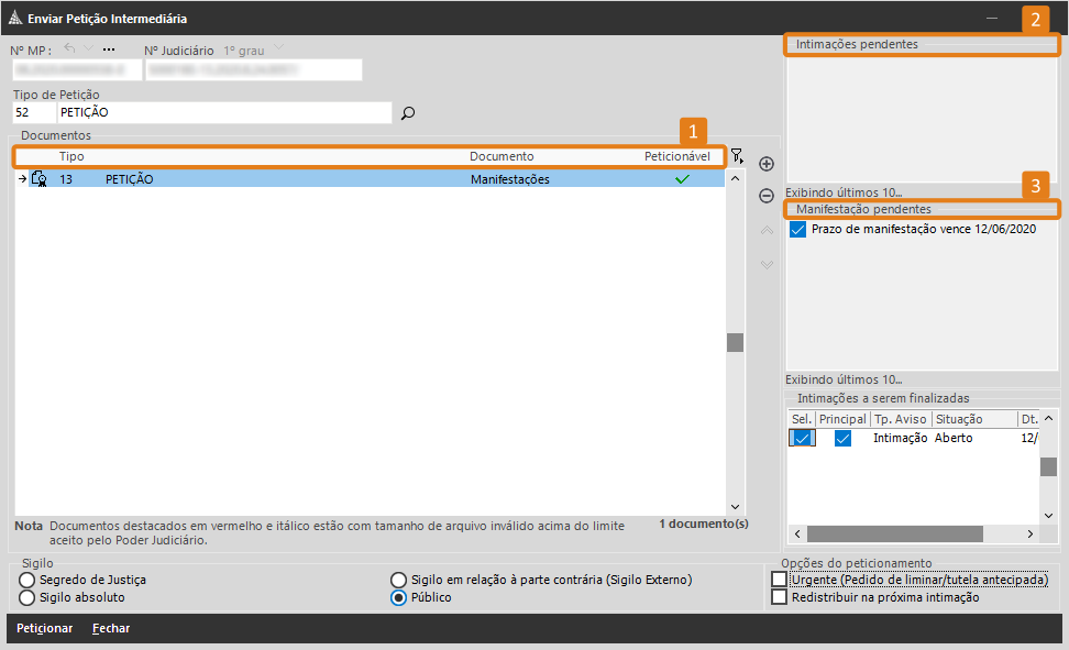 Na tela de petição intermediária do SAJ MP, a lista de documentos está destacada (1), o painel de intimações pendentes está destacado (2) e a lista de manifestações pendentes também aparece destacada (3).
