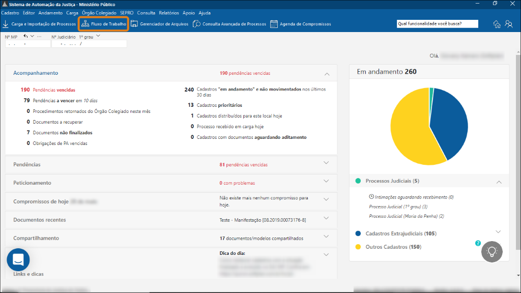 Na tela inicial do SAJ MP, o botão “Fluxo de Trabalho” está destacado em laranja (1) na barra superior de menus