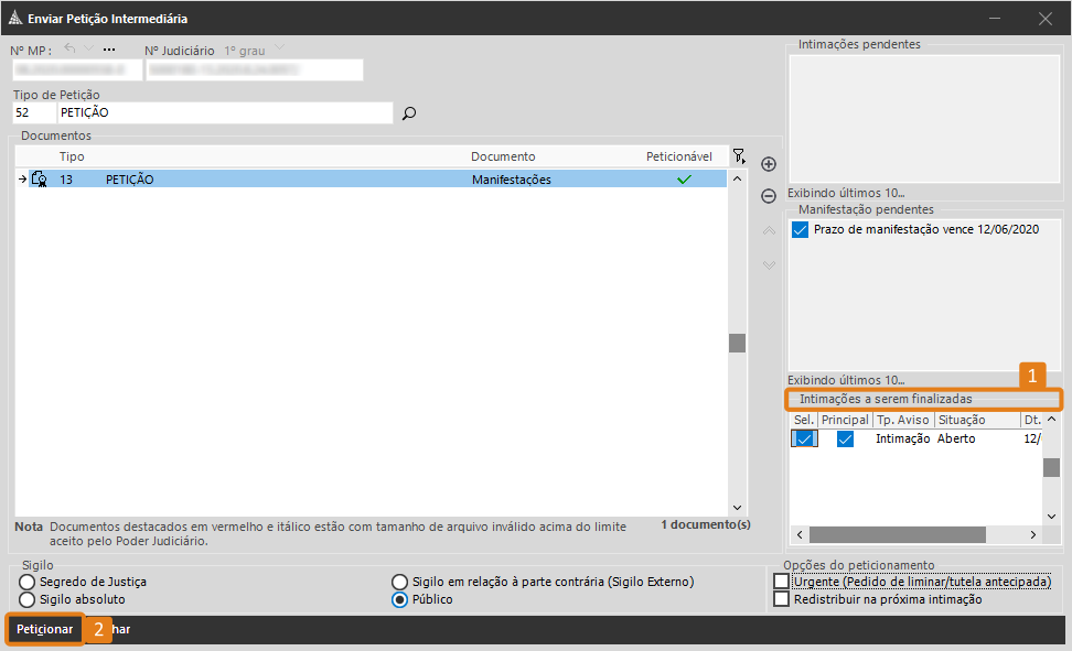 Na tela de Petição Intermediária do SAJ MP, a seção “Intimações a serem finalizadas” está destacada em laranja (1). Na parte inferior, o botão “Peticionar” também aparece destacado em laranja (2).
