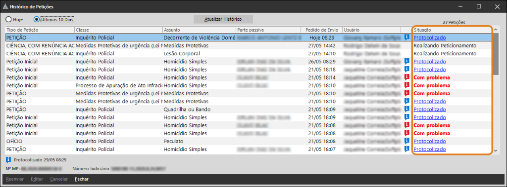 Na tela “Histórico de Petições” do SAJ MP, a coluna “Situação” está destacada em laranja (1), exibindo o status das petições, como protocolizado, realizando peticionamento e com problema.