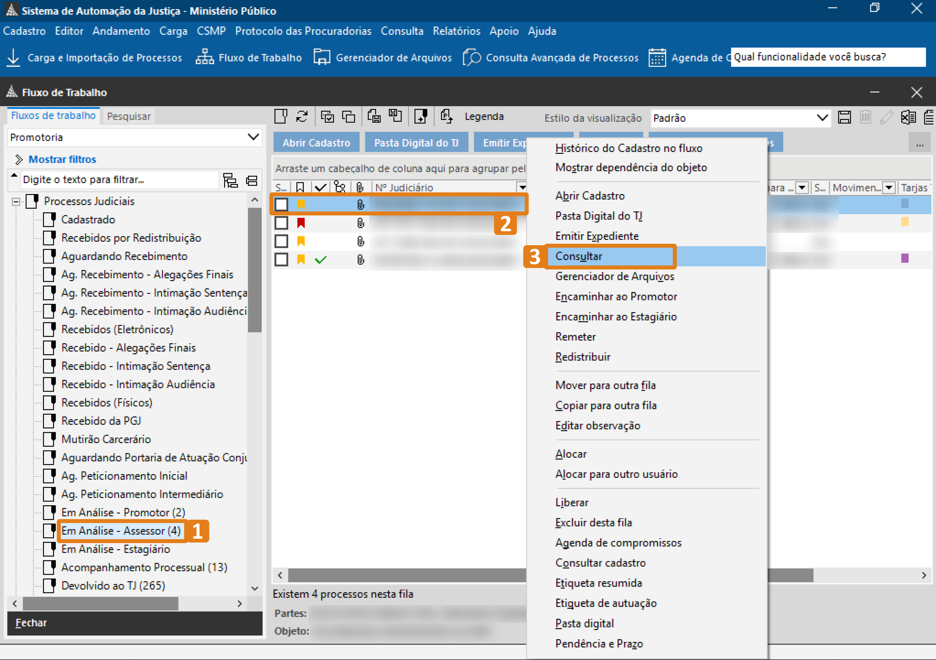 Tela do Fluxo de Trabalho do SAJ exibindo uma lista de processos. Os destaques em laranja indicam: (1) a fila “Em Análise – Promotor”, (2) um item selecionado na lista de processos e (3) a opção “Consultar” no menu de ações.