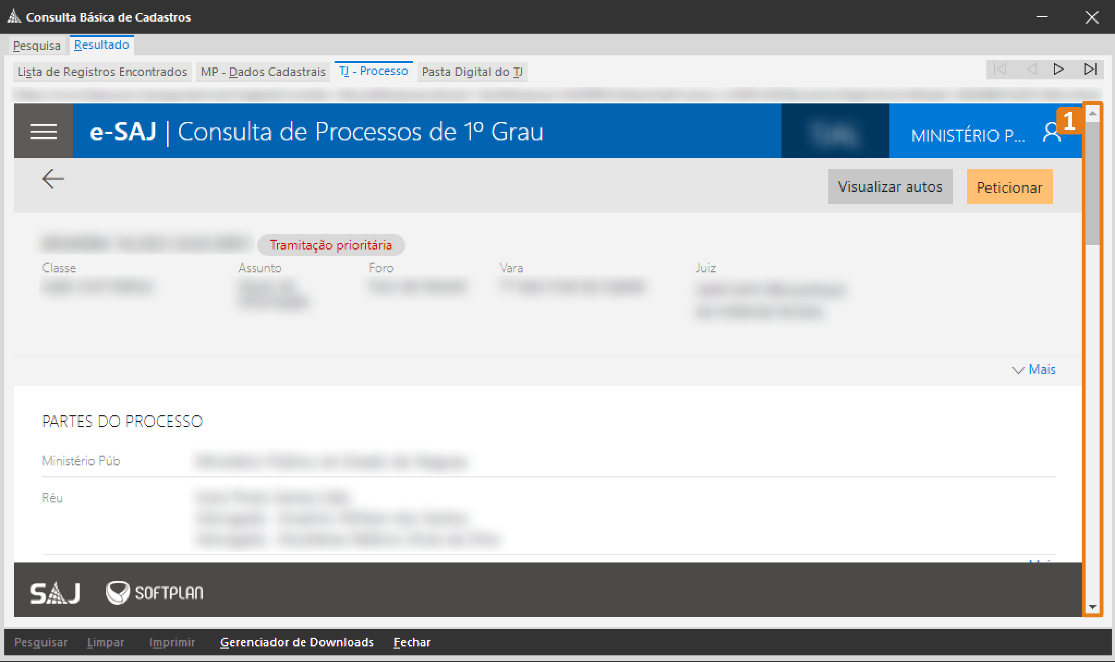 Tela da Consulta Básica de Cadastros do SAJ exibindo a consulta de processos de 1º grau. O destaque em laranja indica a área lateral direita com a barra de rolagem visível.