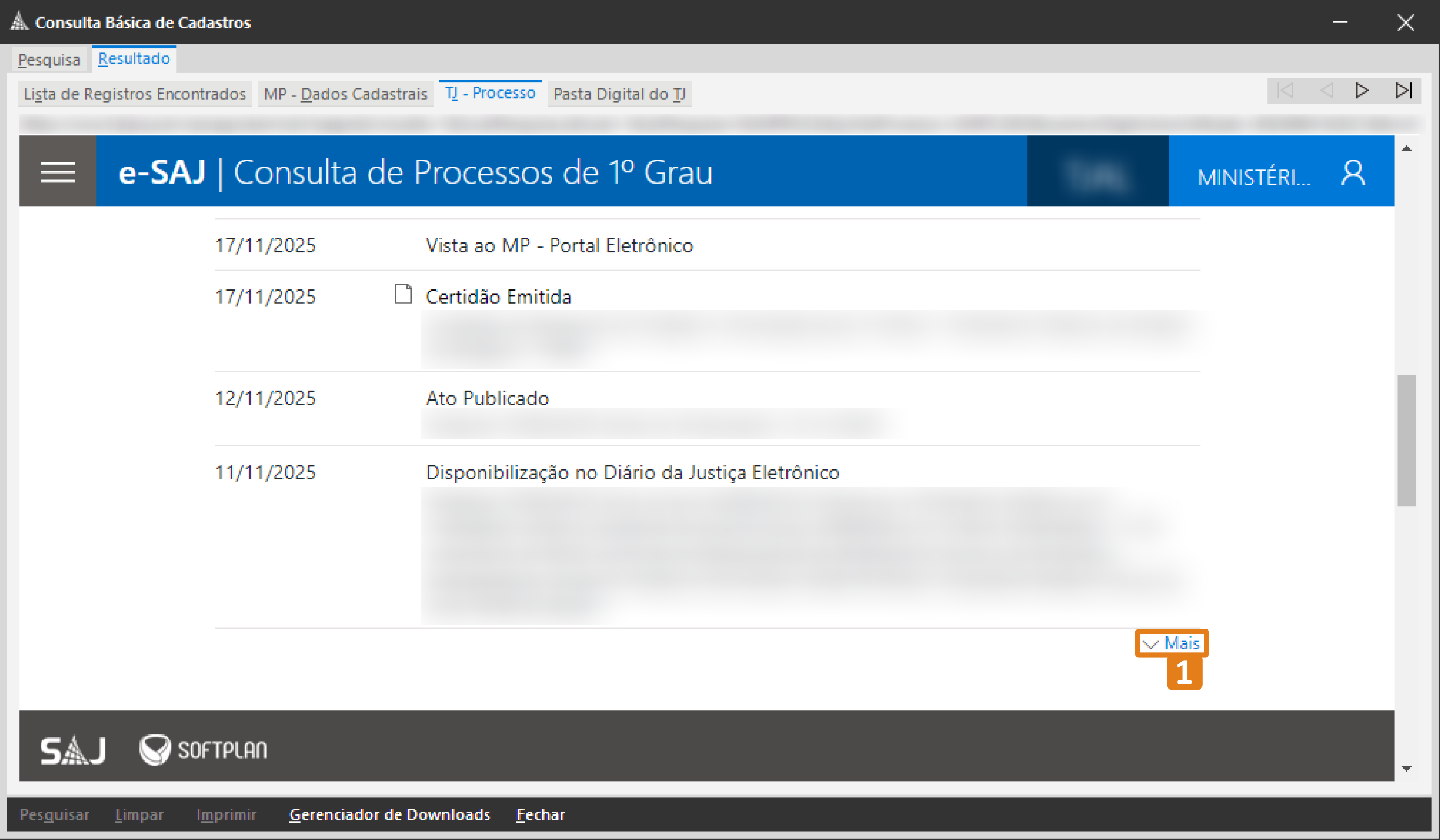 Tela da Consulta de Processos de 1º Grau no SAJ exibindo a linha do tempo do processo. O destaque em laranja indica o botão “Mais”, usado para expandir informações adicionais.