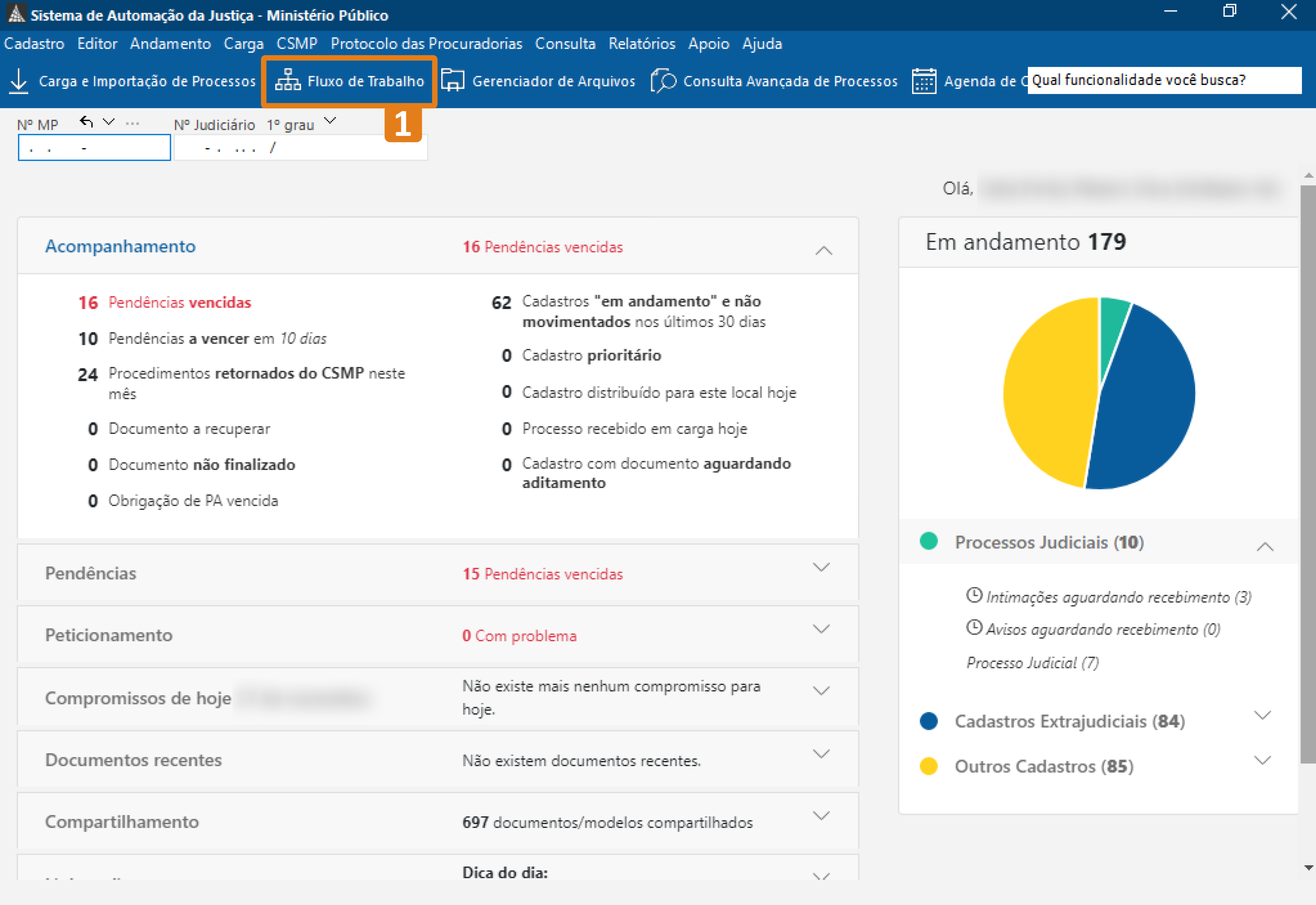 Tela do SAJ com o menu superior exibido. O item “Fluxo de Trabalho” está destacado em laranja, indicando a opção selecionada no momento.